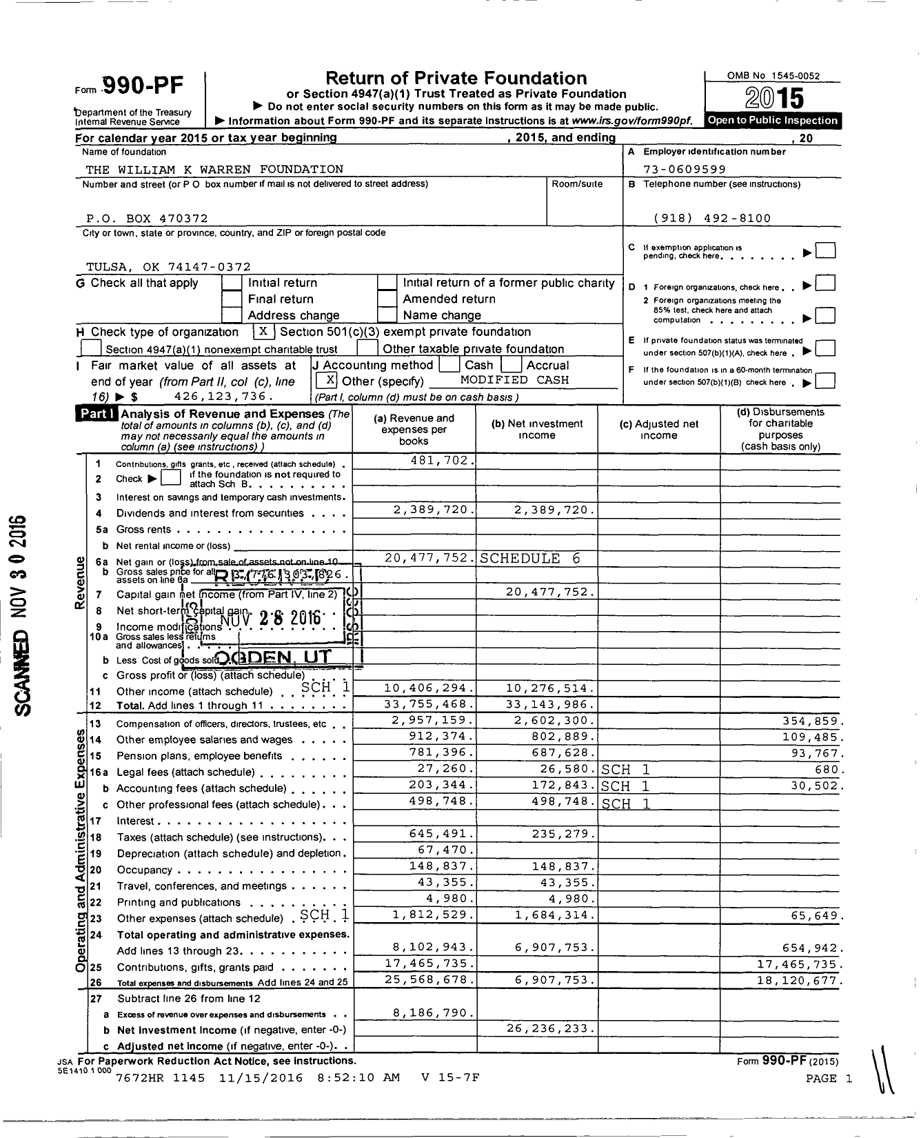 Image of first page of 2015 Form 990PF for The William K Warren Foundation