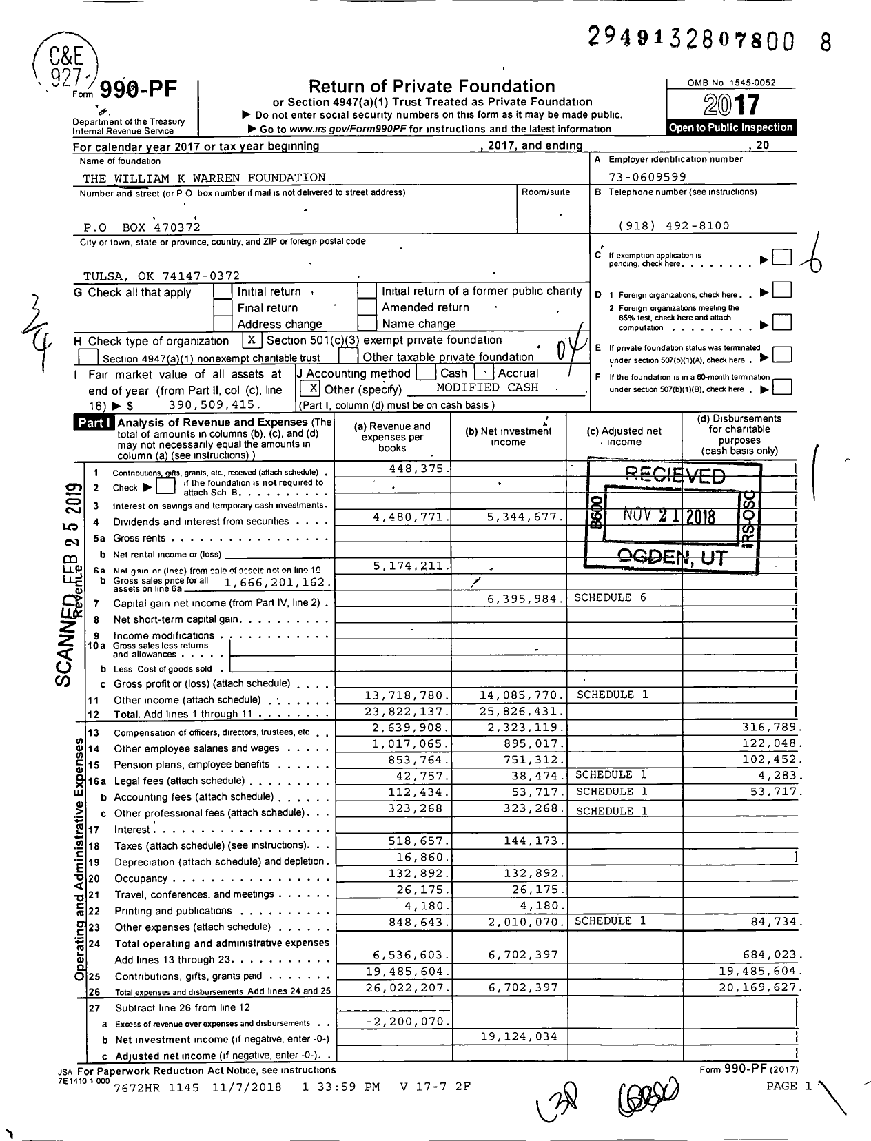 Image of first page of 2017 Form 990PF for The William K Warren Foundation