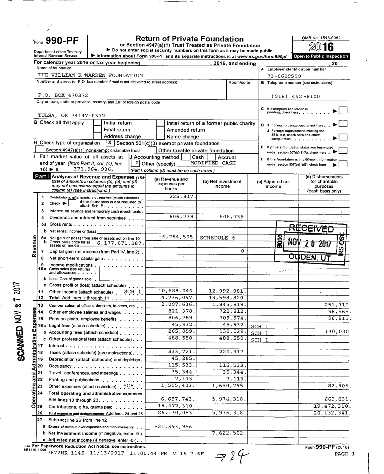 Image of first page of 2016 Form 990PF for The William K Warren Foundation