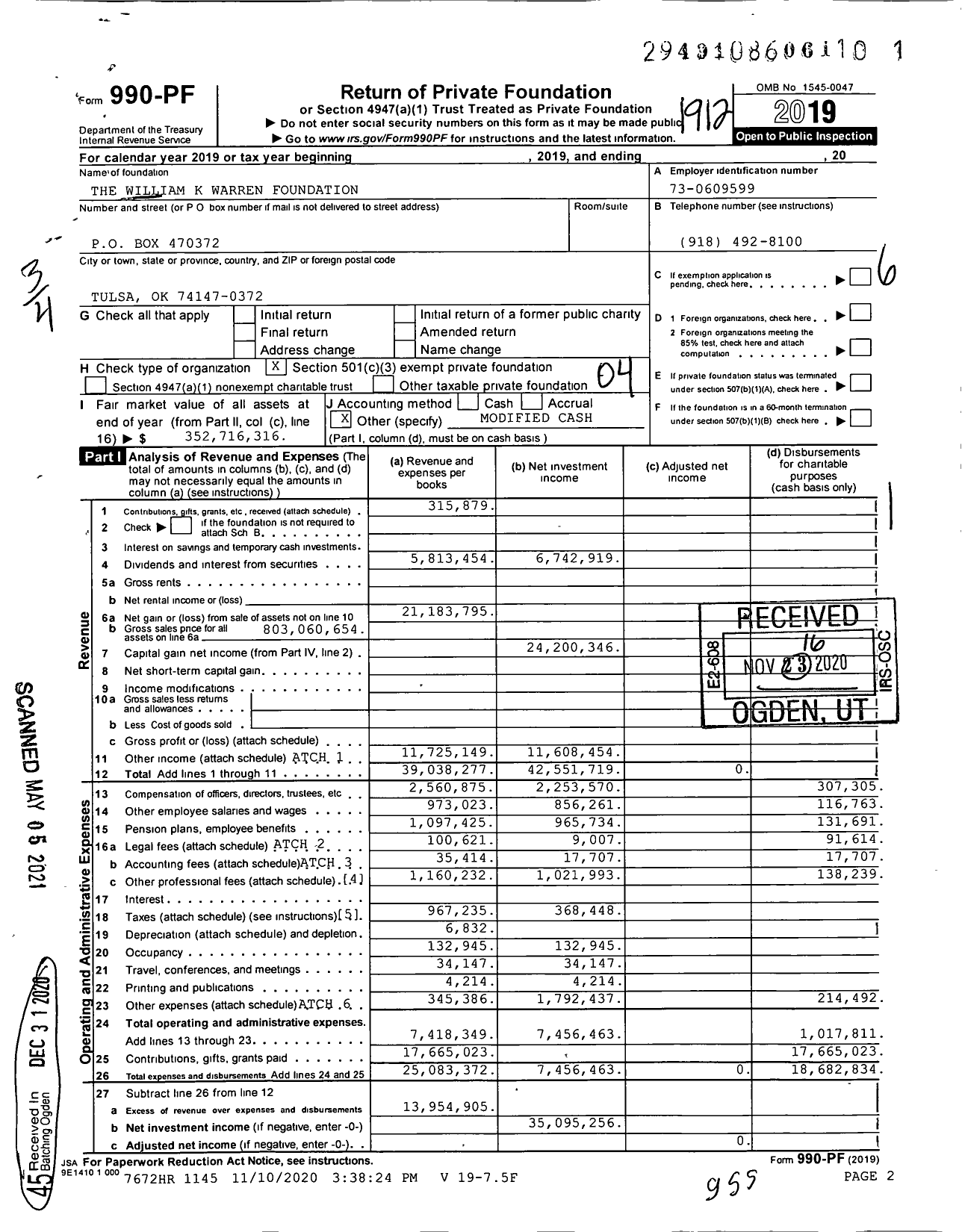 Image of first page of 2019 Form 990PF for The William K Warren Foundation