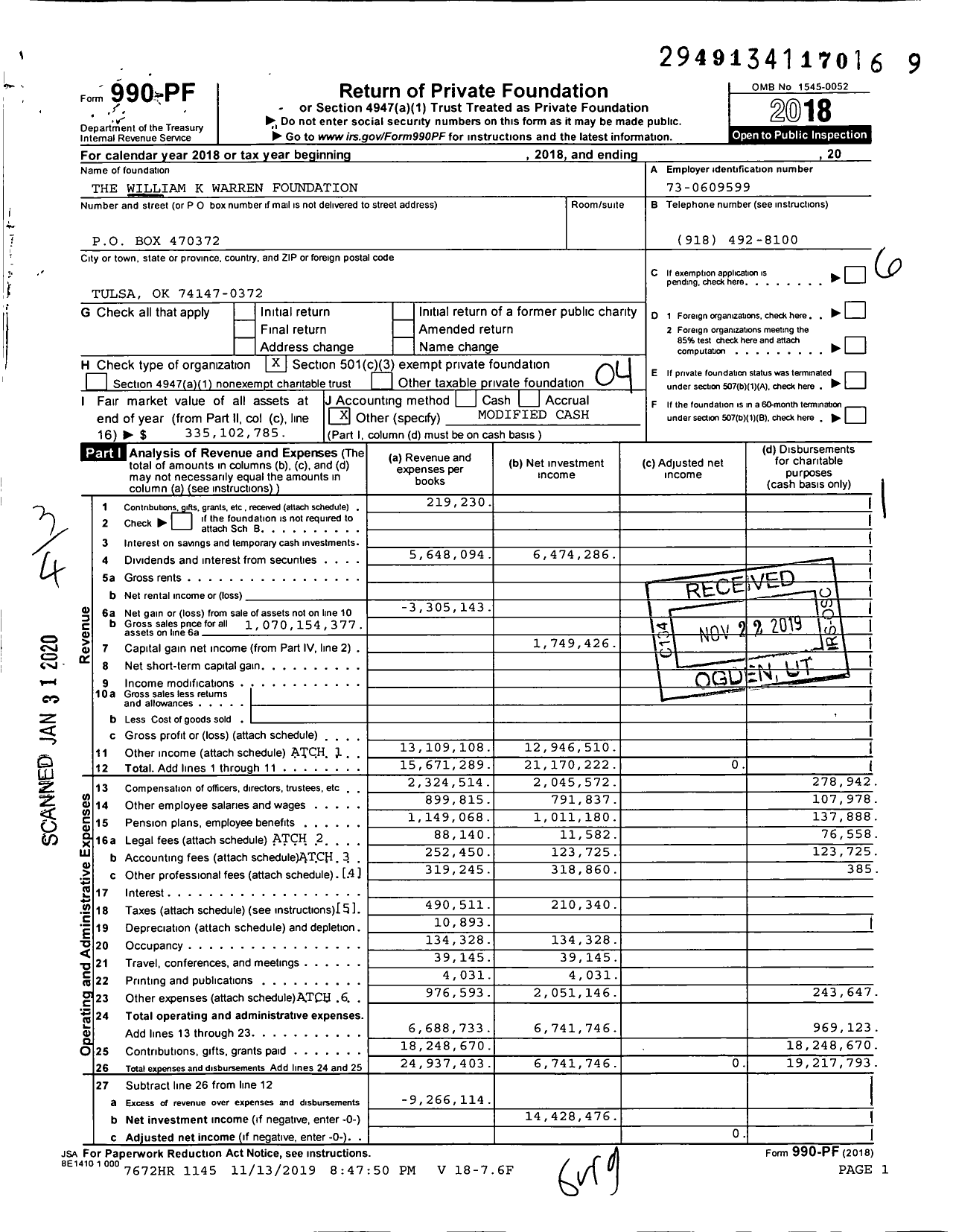 Image of first page of 2018 Form 990PF for The William K Warren Foundation