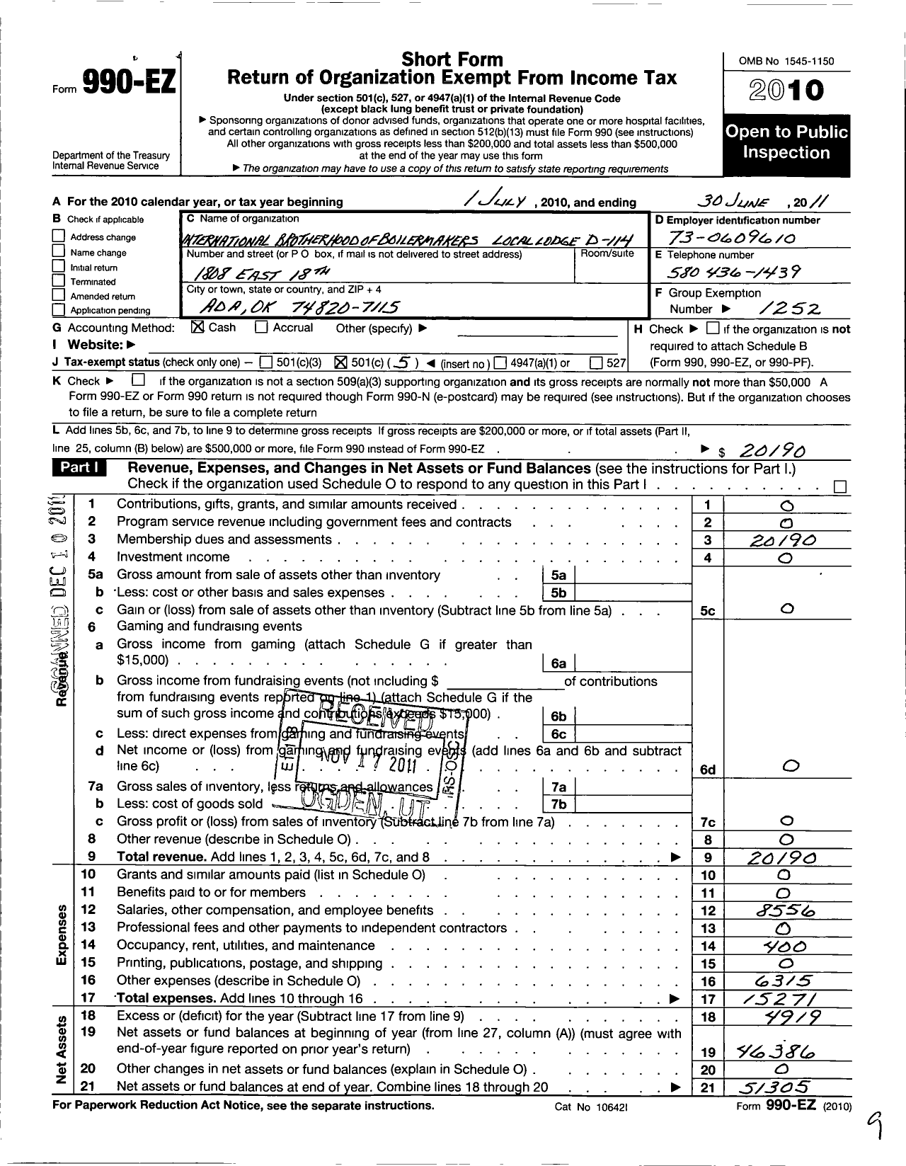 Image of first page of 2010 Form 990EO for International Brotherhood of Boilermakers - D114 Lodge