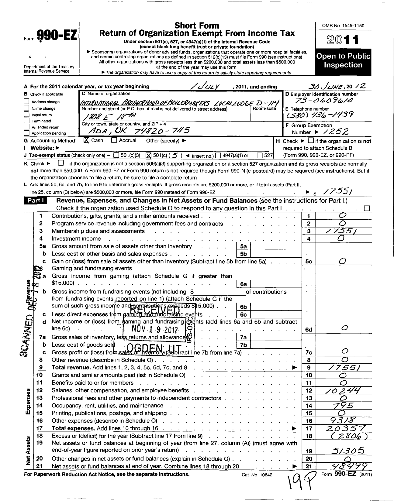 Image of first page of 2011 Form 990EO for International Brotherhood of Boilermakers - D114 Lodge