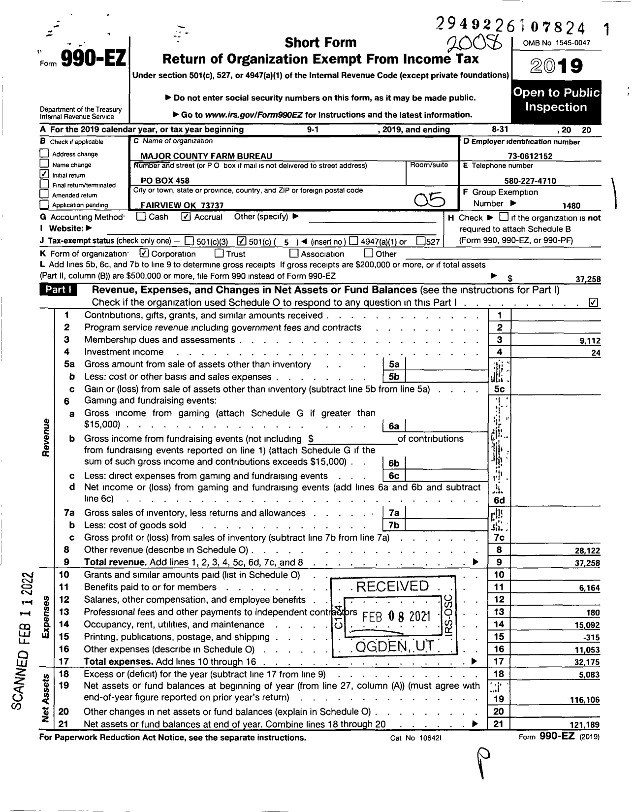 Image of first page of 2019 Form 990EO for Oklahoma Farm Bureau - Major County