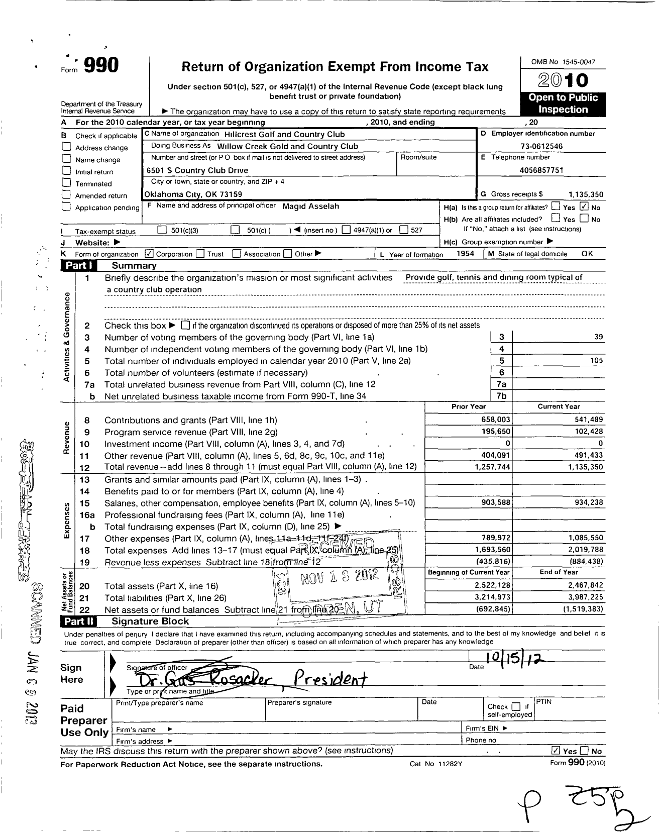 Image of first page of 2010 Form 990O for Hillcrest Golf and Country Club