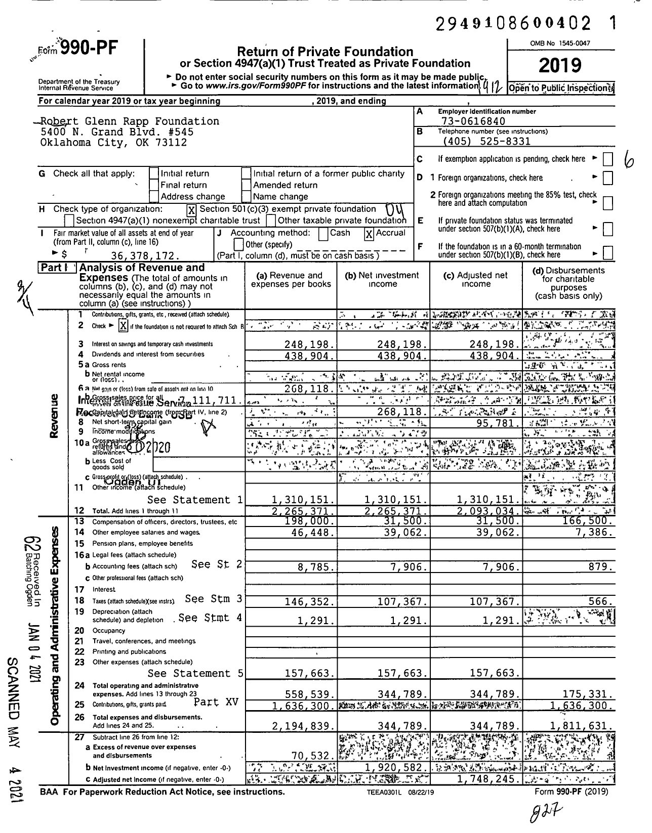 Image of first page of 2019 Form 990PF for Robert Glenn Rapp Foundation