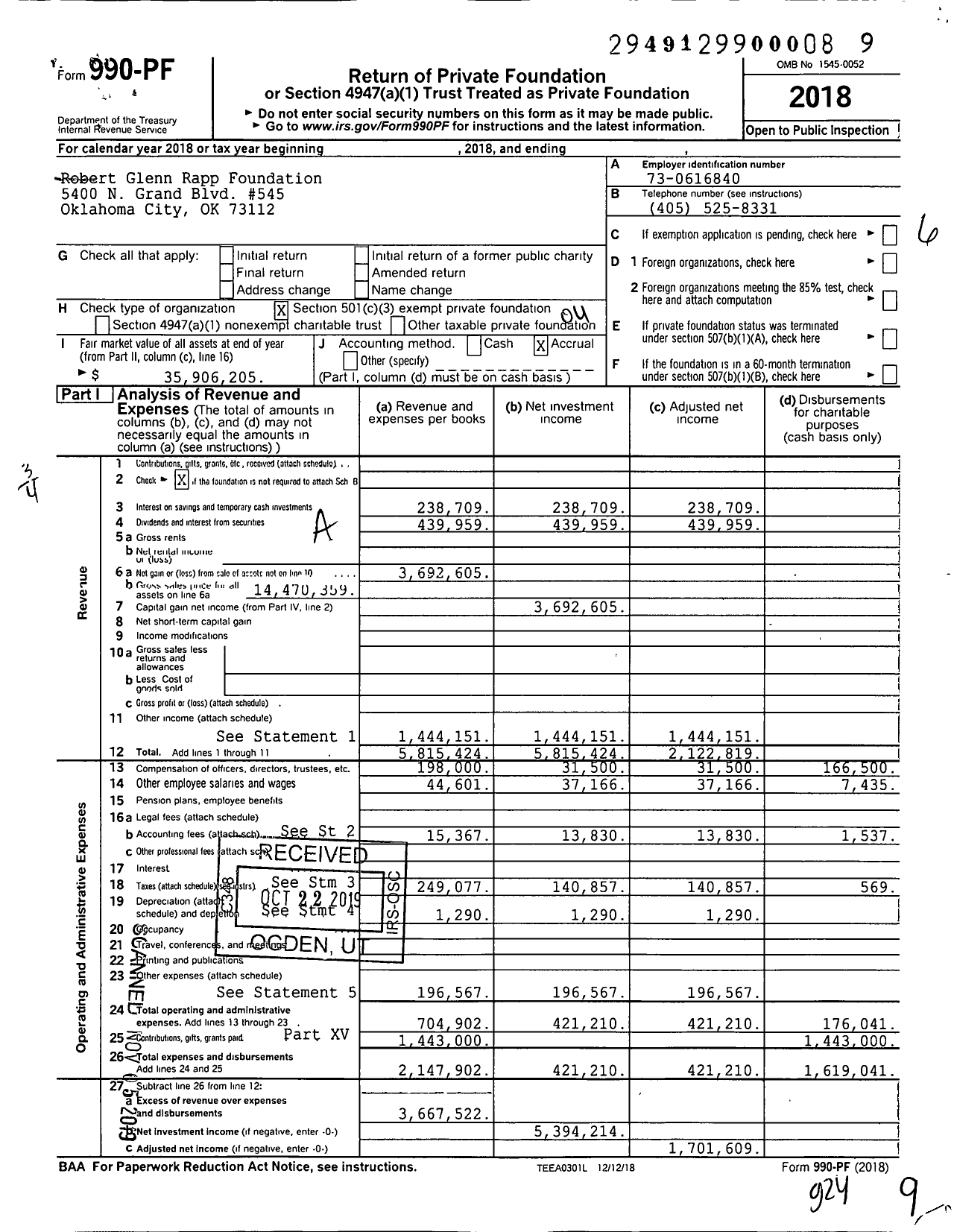 Image of first page of 2018 Form 990PF for Robert Glenn Rapp Foundation