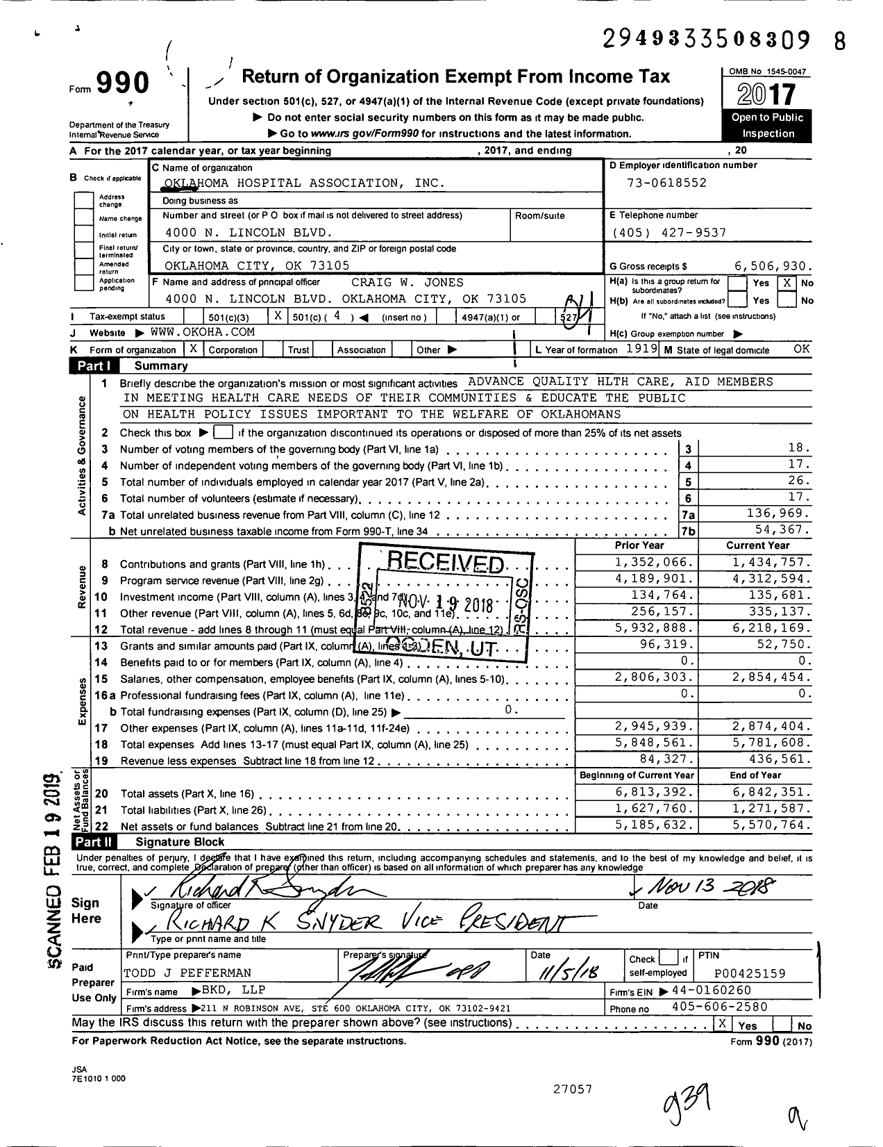 Image of first page of 2017 Form 990O for Oklahoma Hospital Association