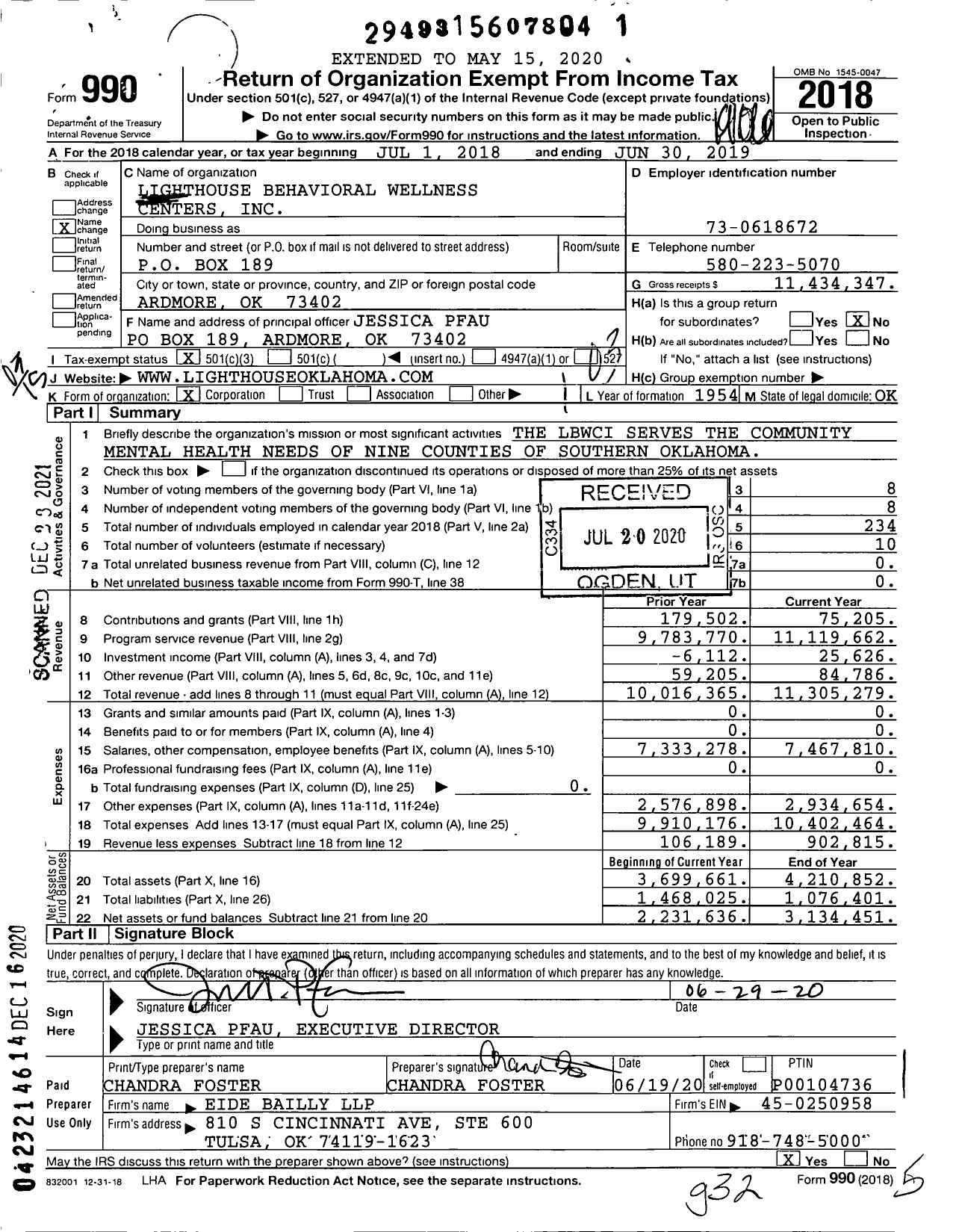 Image of first page of 2018 Form 990 for Lighthouse Behavioral Wellness Centers (MHSSO)