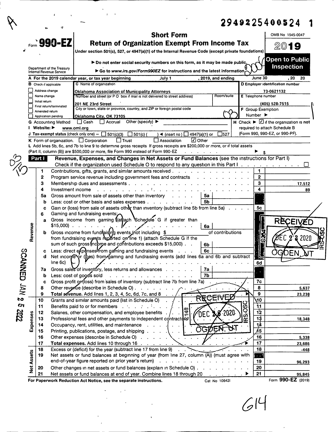 Image of first page of 2019 Form 990EZ for Oklahoma Association of Municipal Attorneys