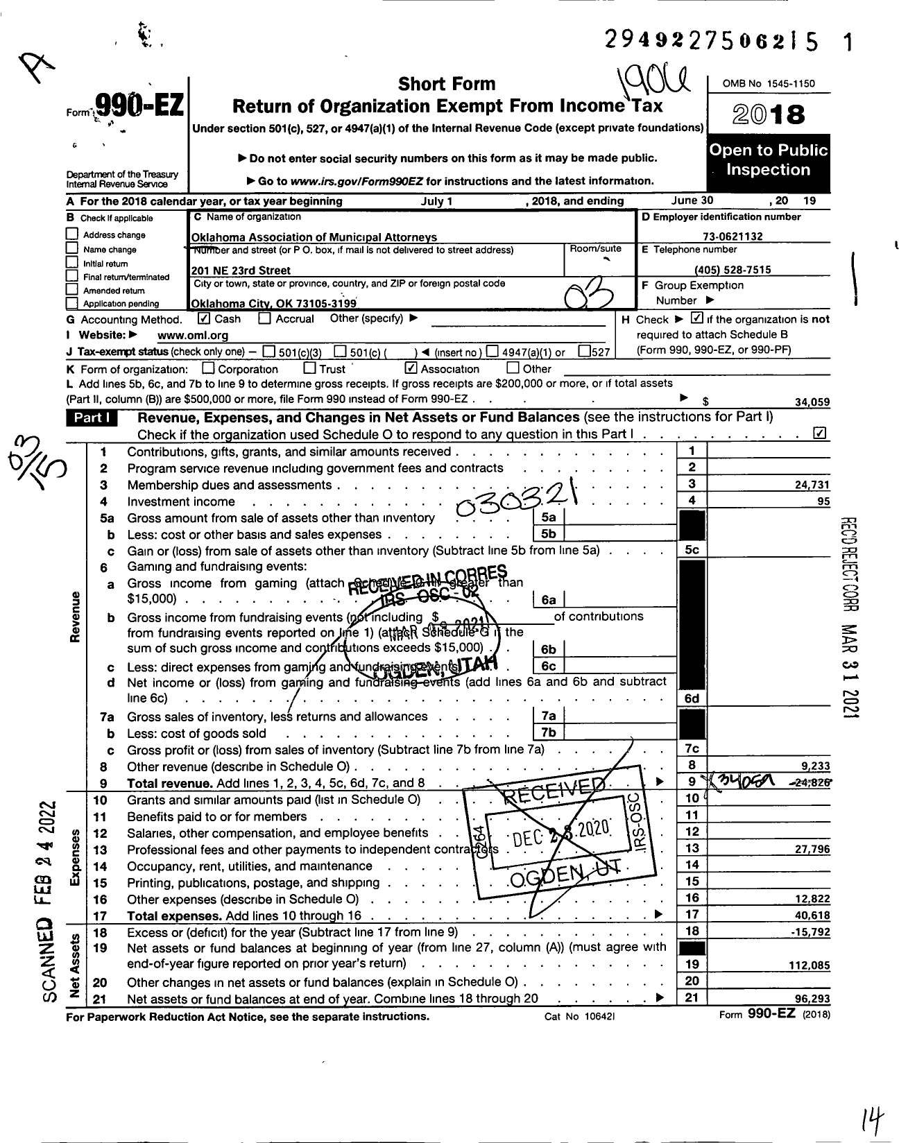 Image of first page of 2018 Form 990EZ for Oklahoma Association of Municipal Attorneys