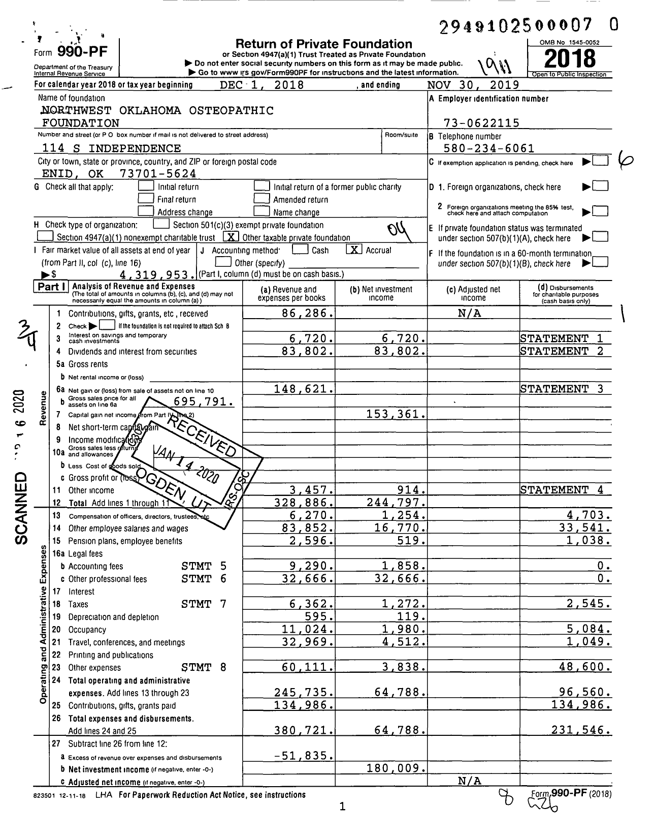 Image of first page of 2018 Form 990PR for Northwest Oklahoma Osteopathic Foundation