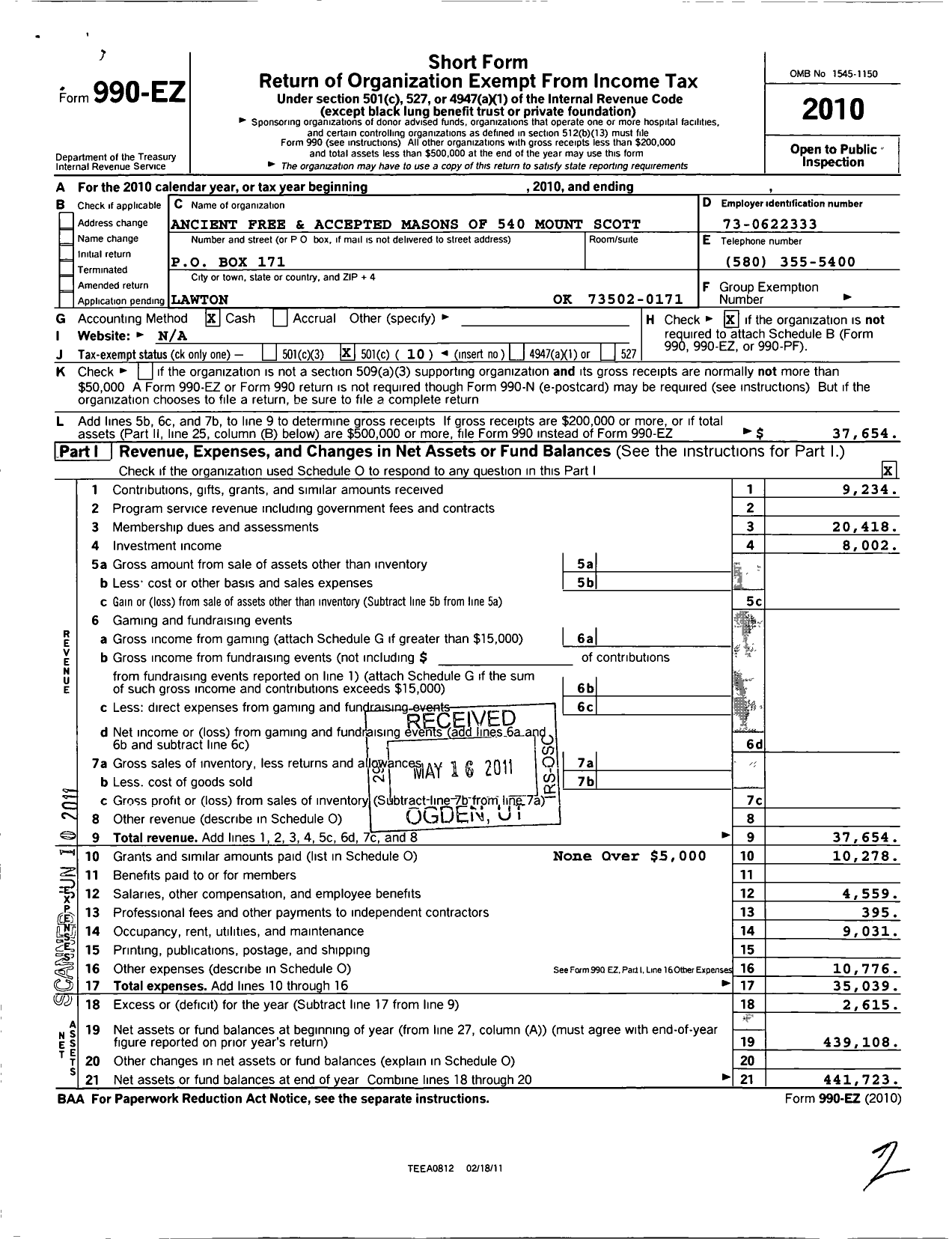 Image of first page of 2010 Form 990EO for Ancient Free and Accepted Masons of Oklahoma - 540 Mount Scott