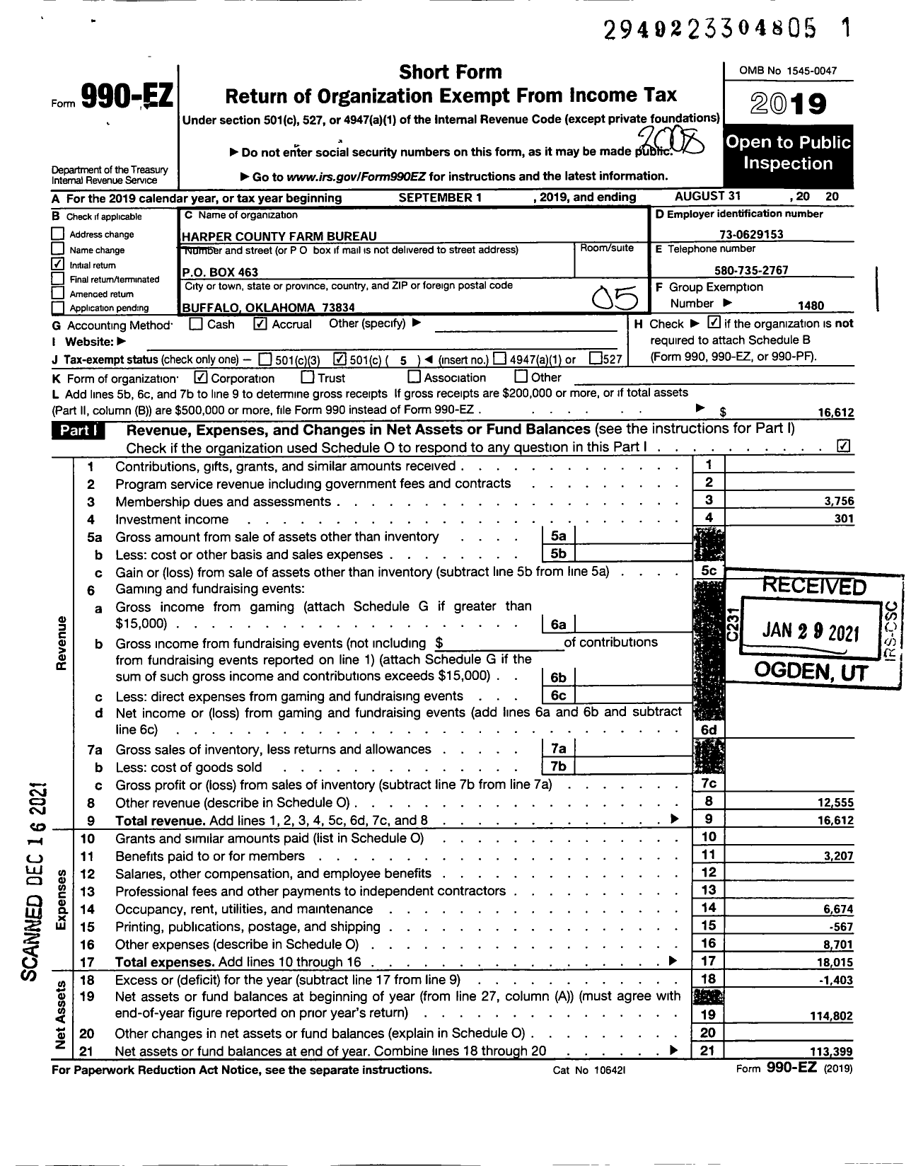 Image of first page of 2019 Form 990EO for Oklahoma Farm Bureau - Harper County