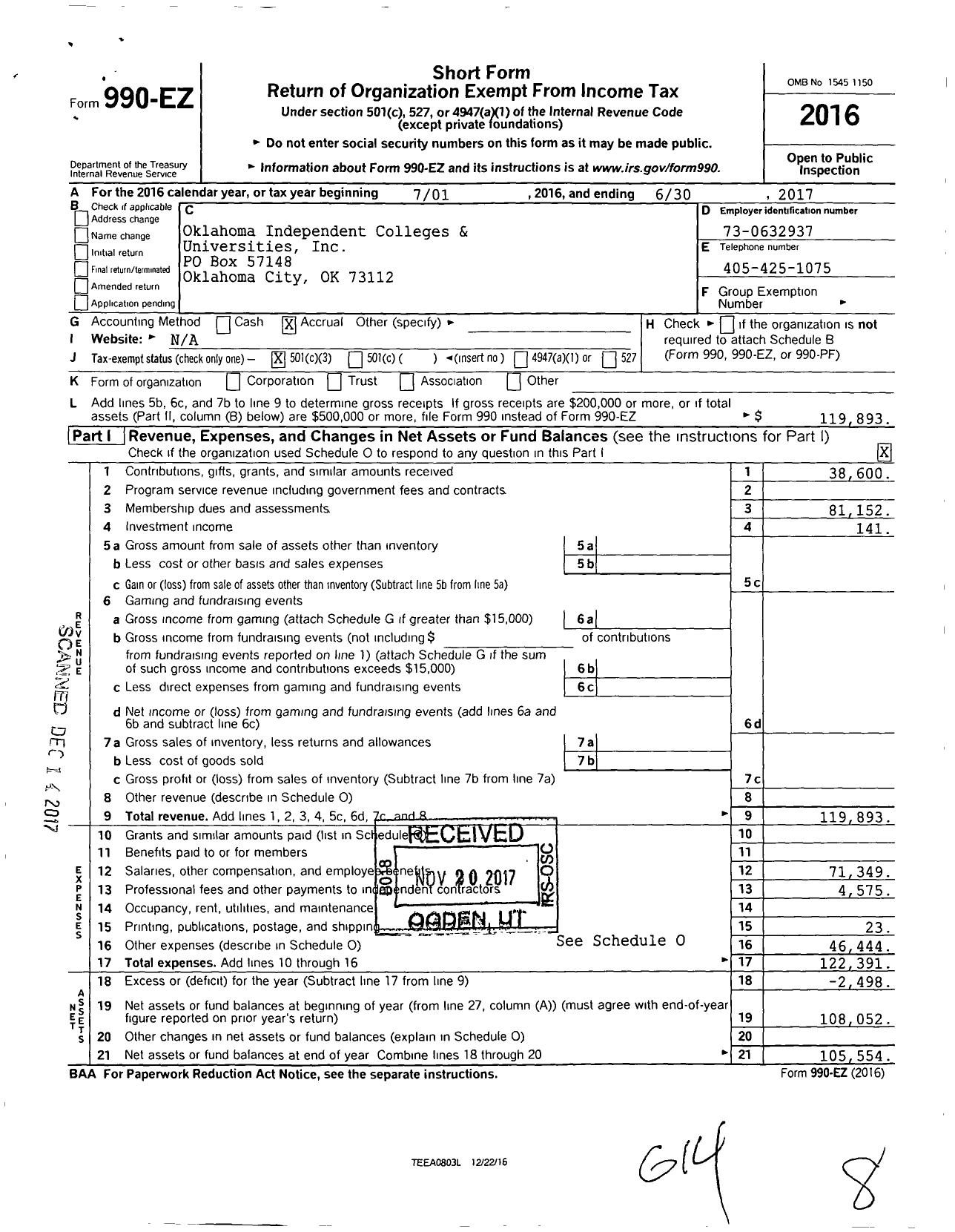 Image of first page of 2016 Form 990EZ for Oklahoma Independent Colleges and Universities