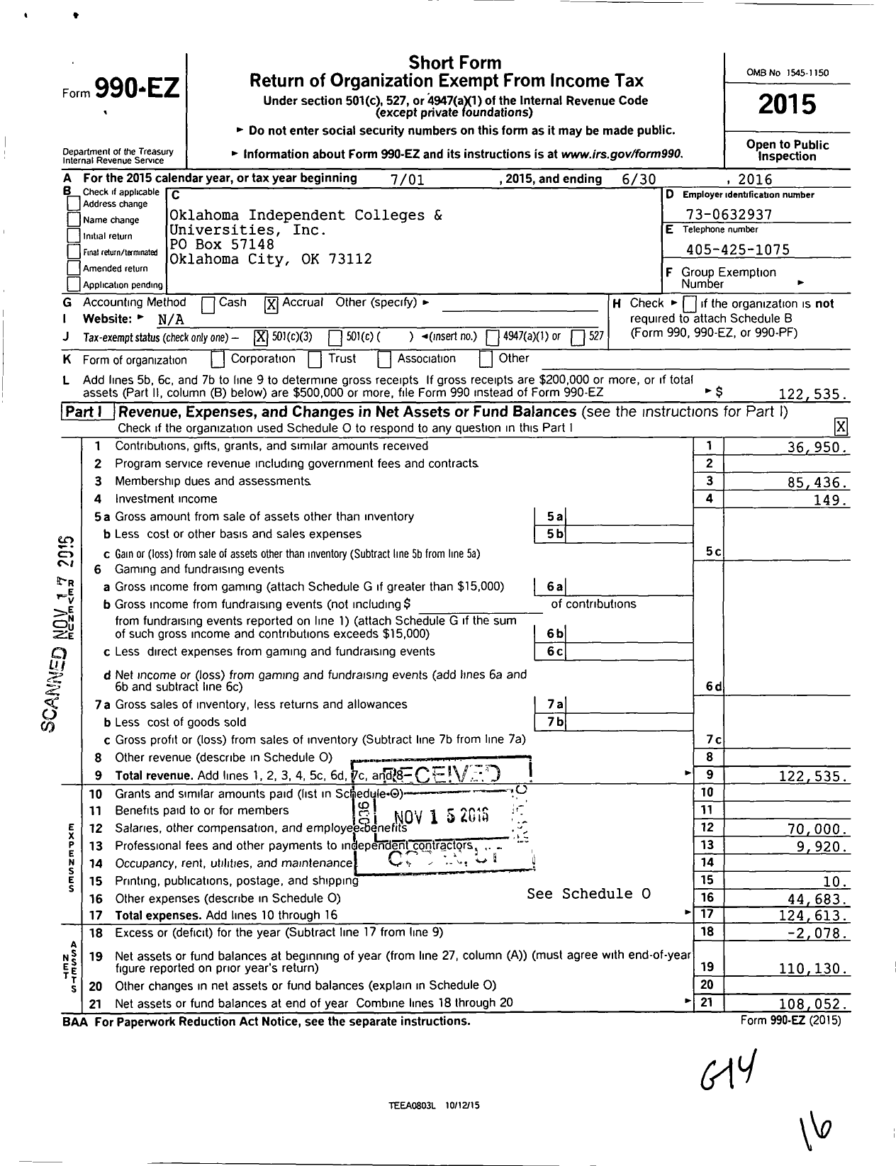 Image of first page of 2015 Form 990EZ for Oklahoma Independent Colleges and Universities