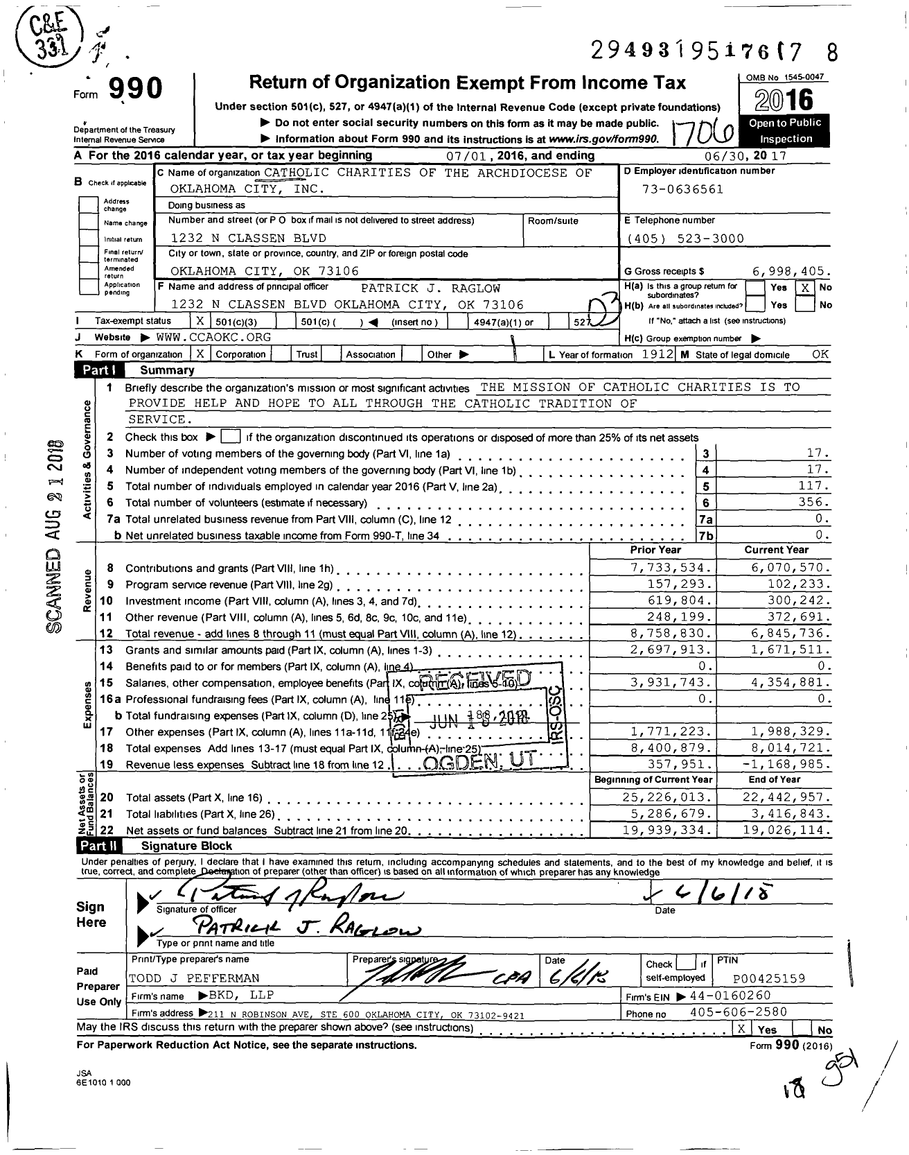 Image of first page of 2016 Form 990 for Catholic Charities of the Archdiocese of Oklahoma City