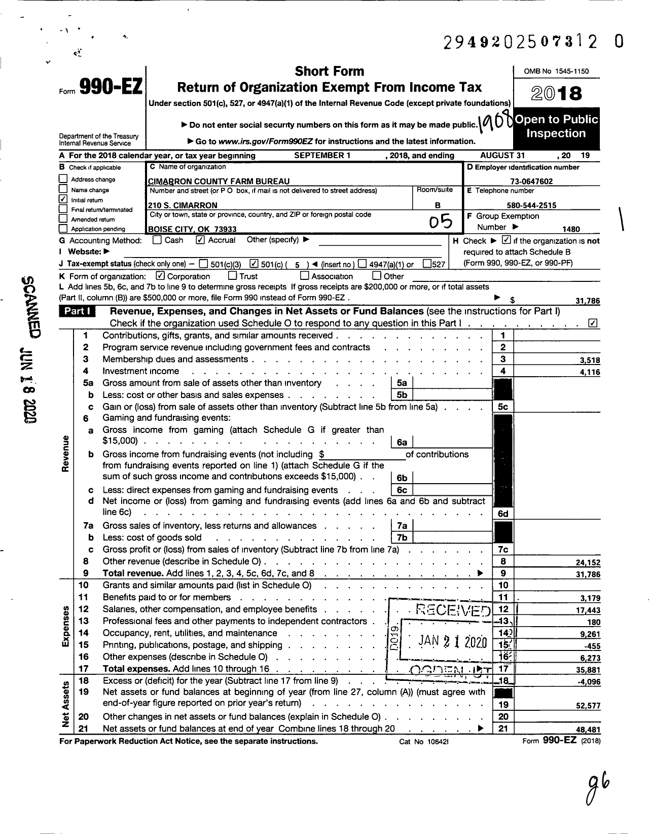 Image of first page of 2018 Form 990EO for Oklahoma Farm Bureau - Cimmaron County