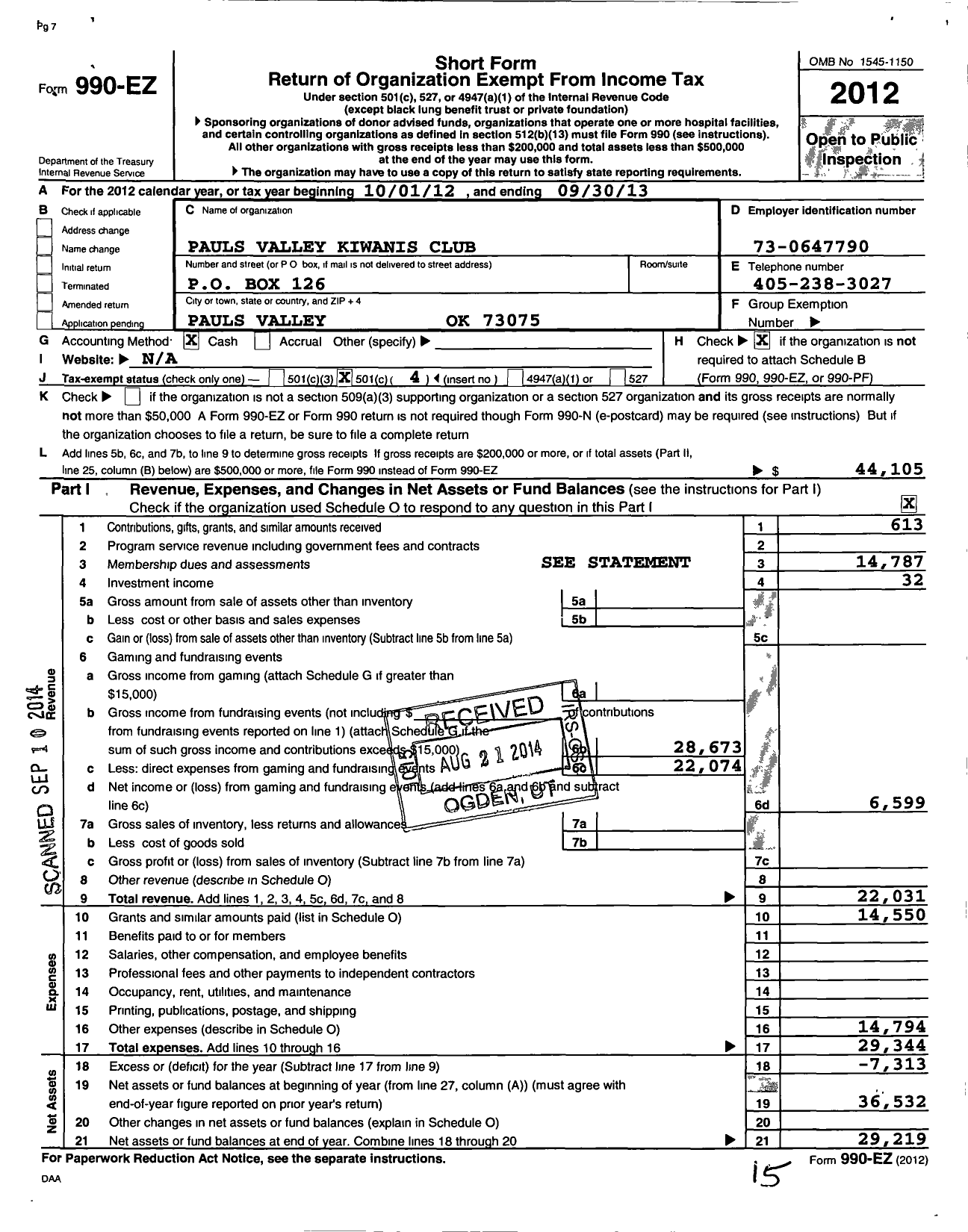 Image of first page of 2012 Form 990EO for Kiwanis International - K01357 Pauls Valley