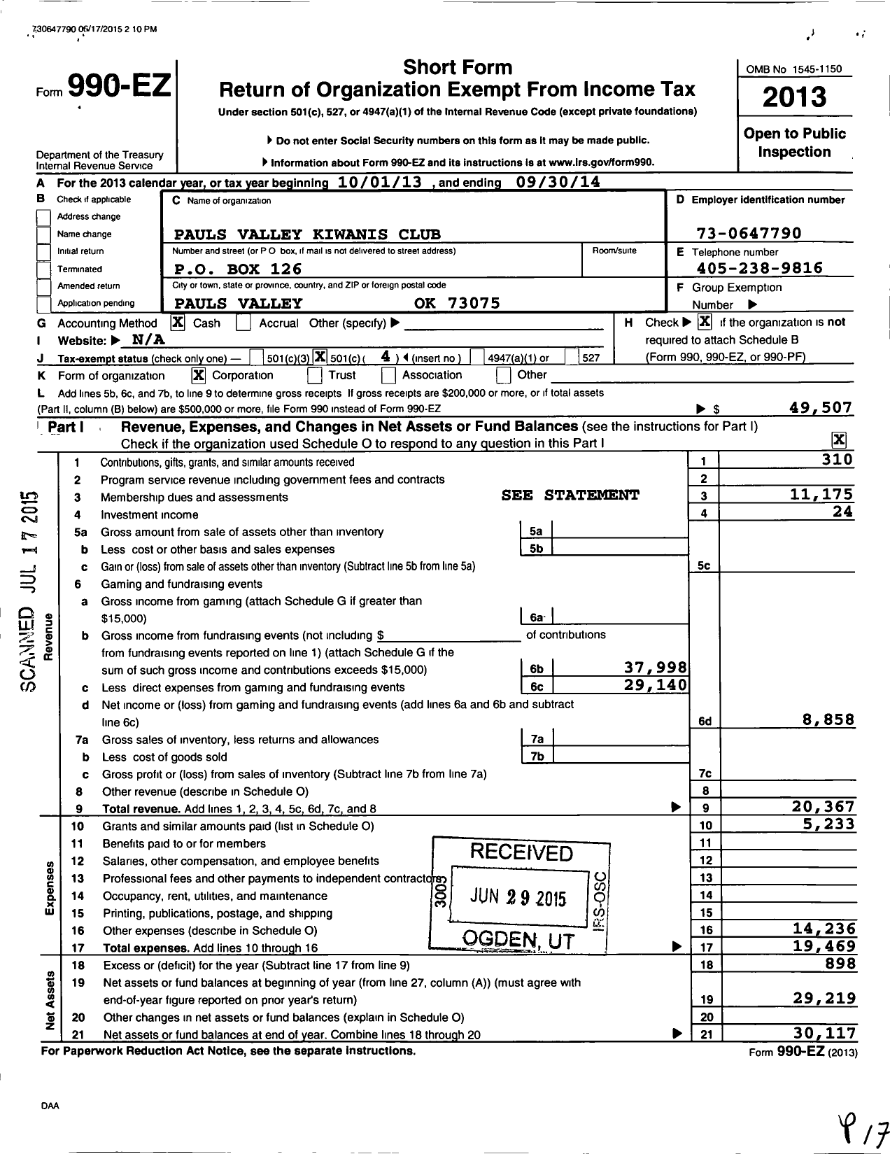 Image of first page of 2013 Form 990EO for Kiwanis International - K01357 Pauls Valley