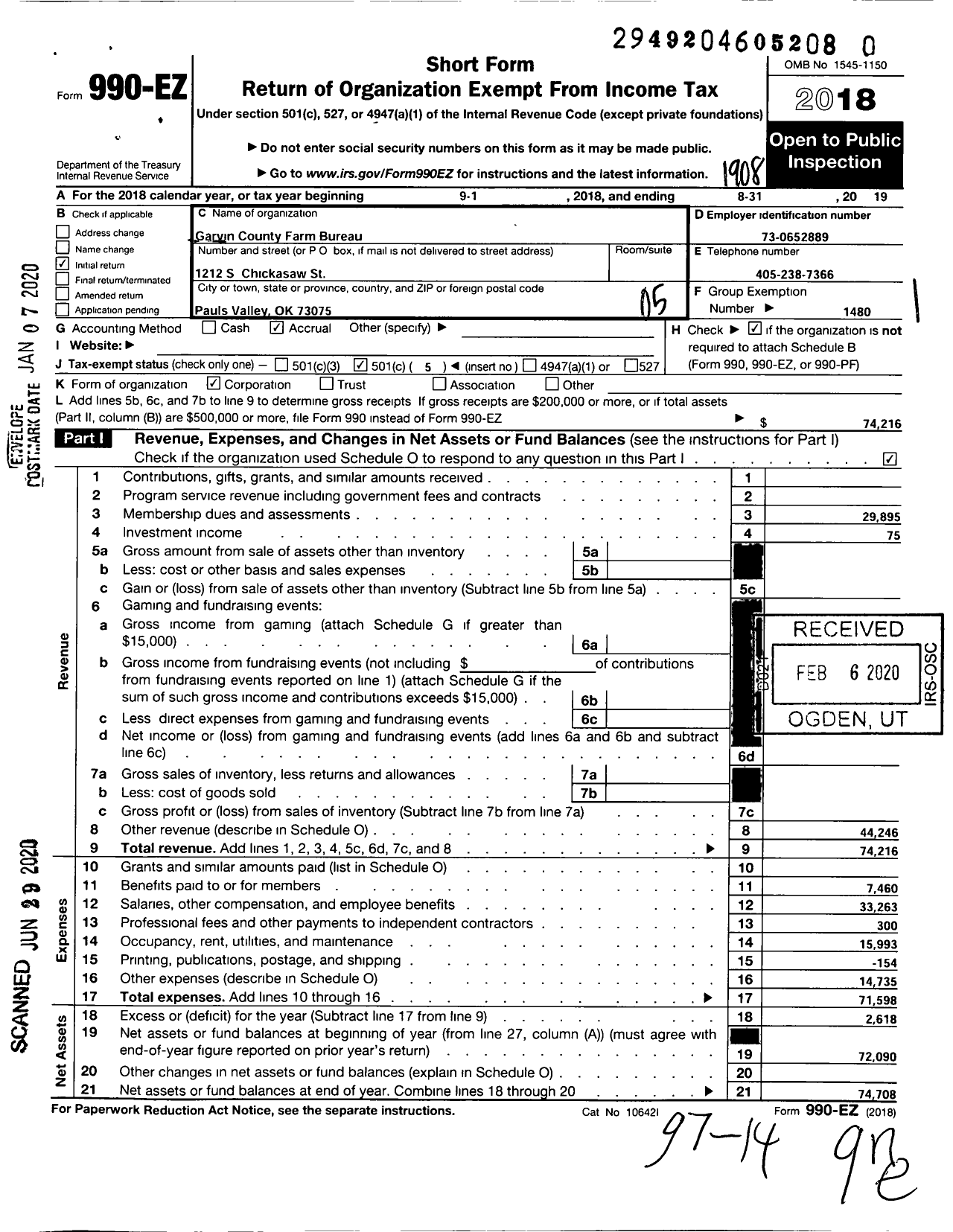 Image of first page of 2018 Form 990EO for Oklahoma Farm Bureau - Garvin County