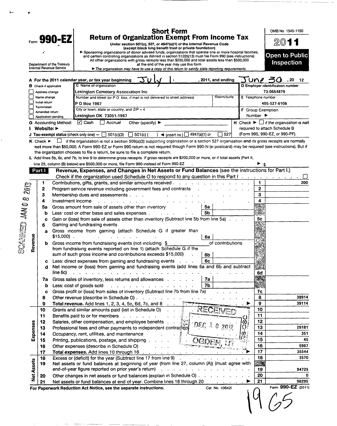 Image of first page of 2011 Form 990EO for Lexington Cemetery Association