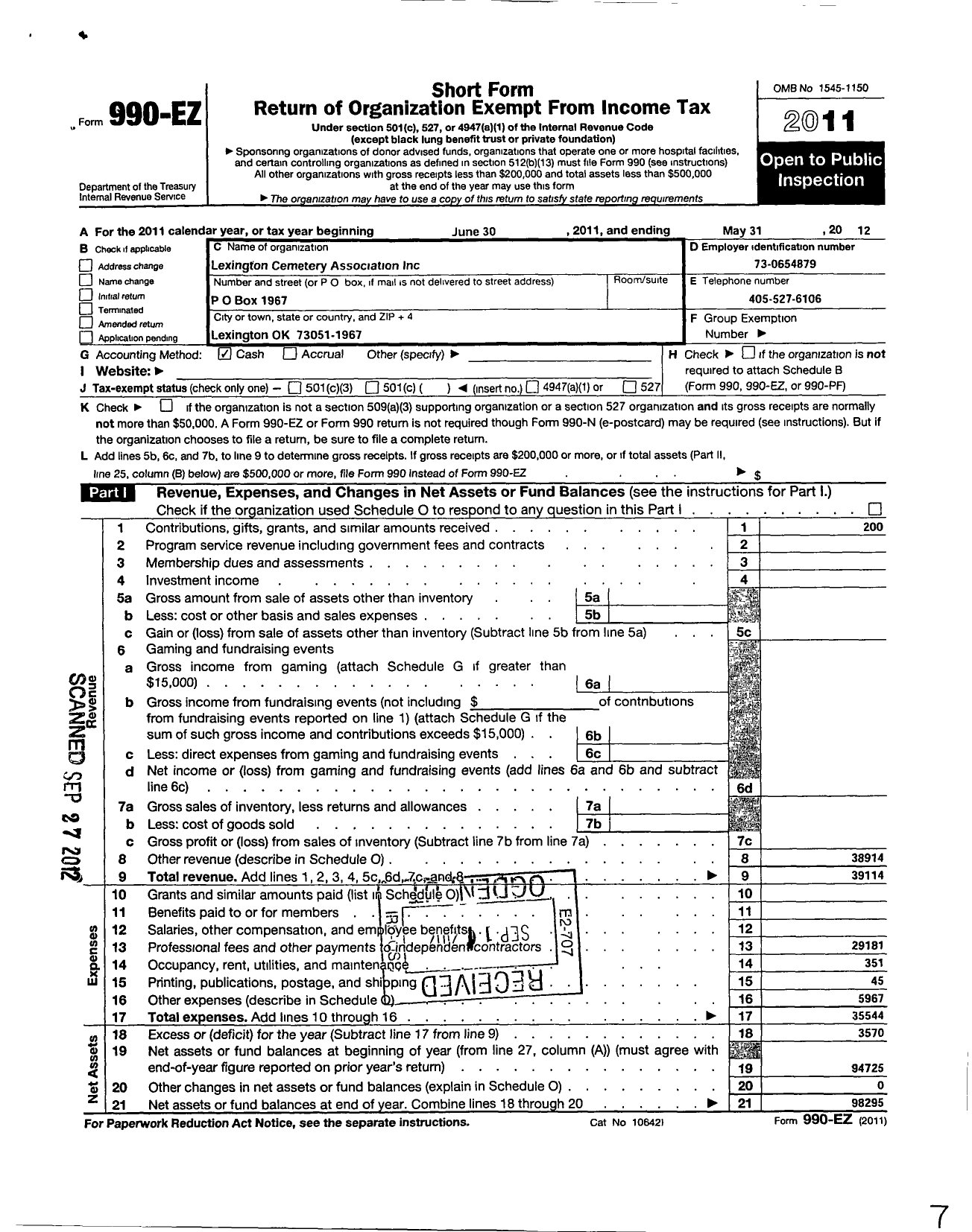 Image of first page of 2011 Form 990EO for Lexington Cemetery Association