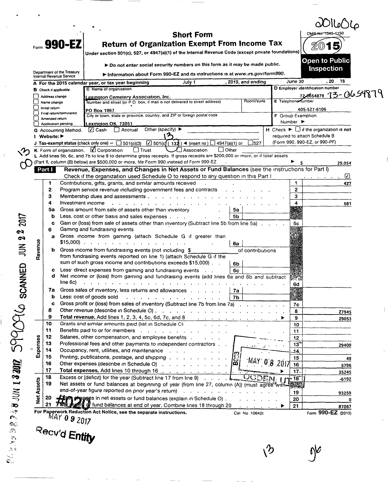 Image of first page of 2015 Form 990EO for Lexington Cemetery Association