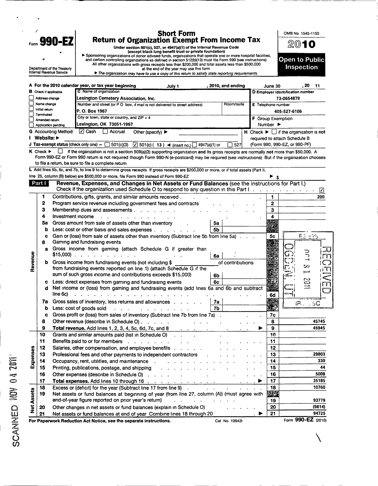 Image of first page of 2010 Form 990EO for Lexington Cemetery Association