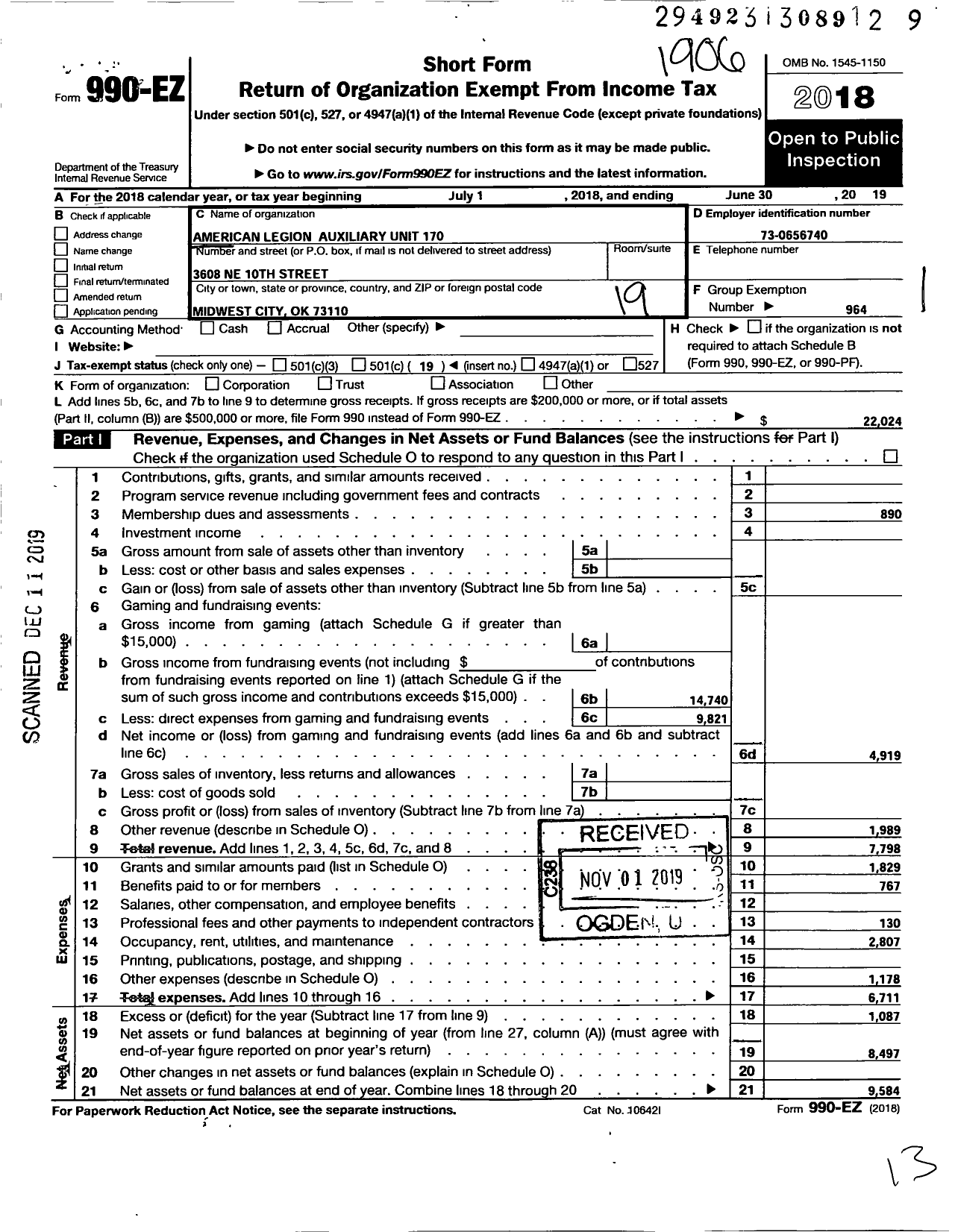 Image of first page of 2018 Form 990EO for American Legion Auxiliary - 170 Clarence L Tinker