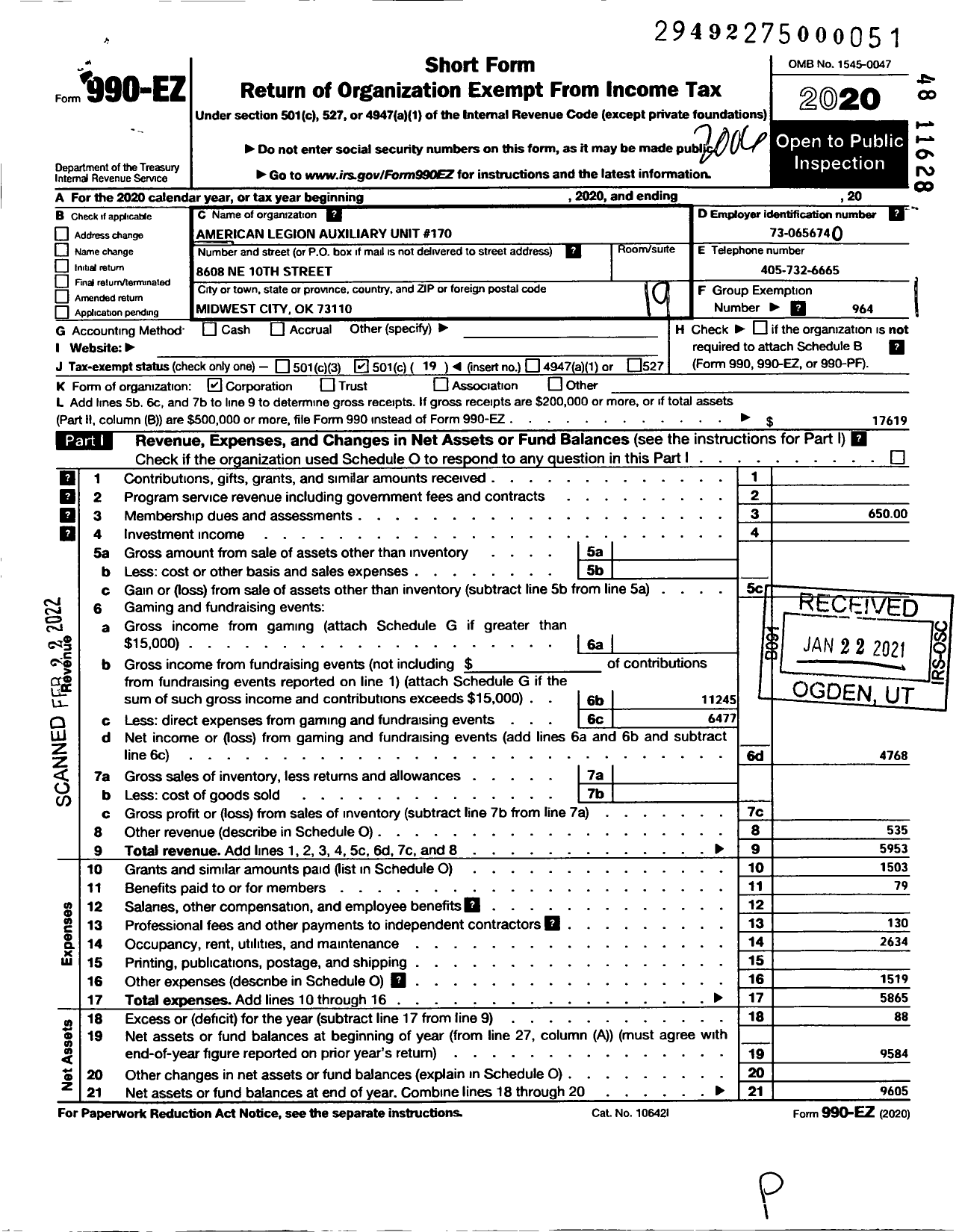 Image of first page of 2019 Form 990EO for American Legion Auxiliary - 170 Clarence L Tinker