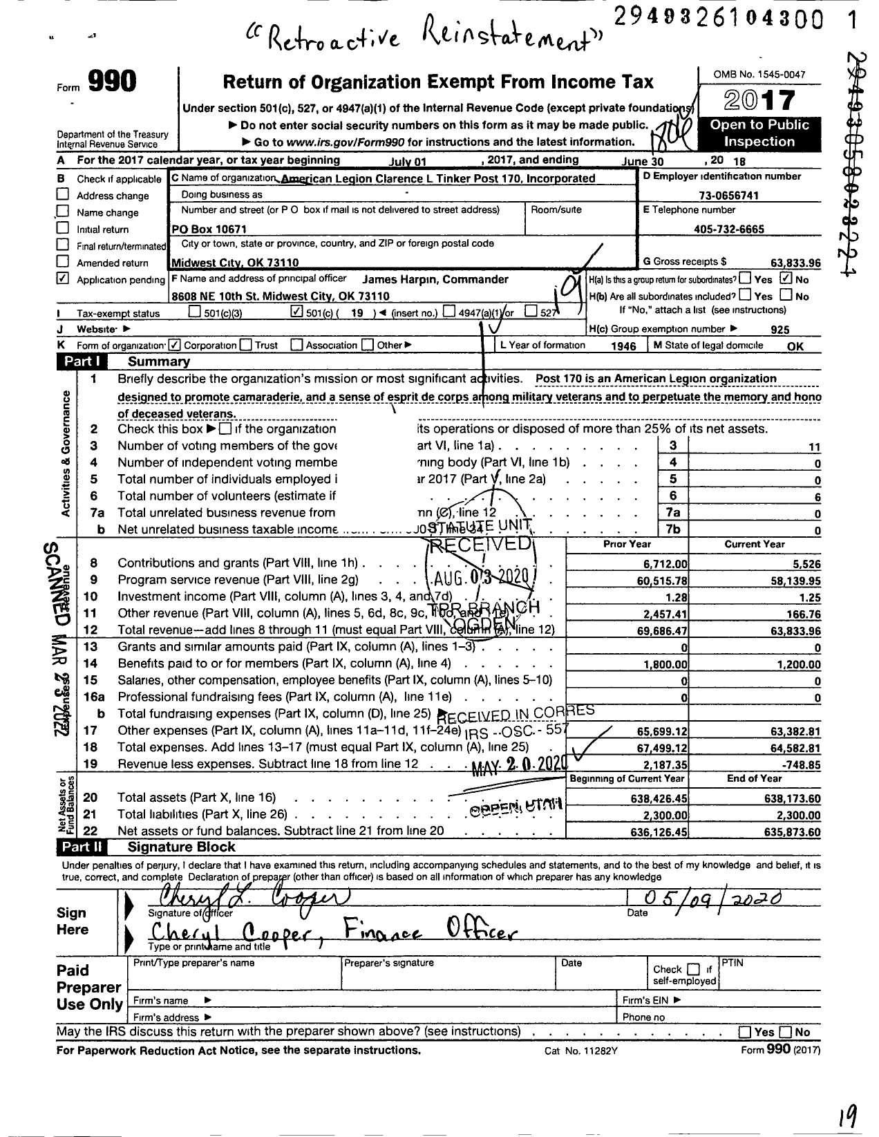 Image of first page of 2017 Form 990O for American Legion Post 170 / American Legion Clarence L Tinker Post 170