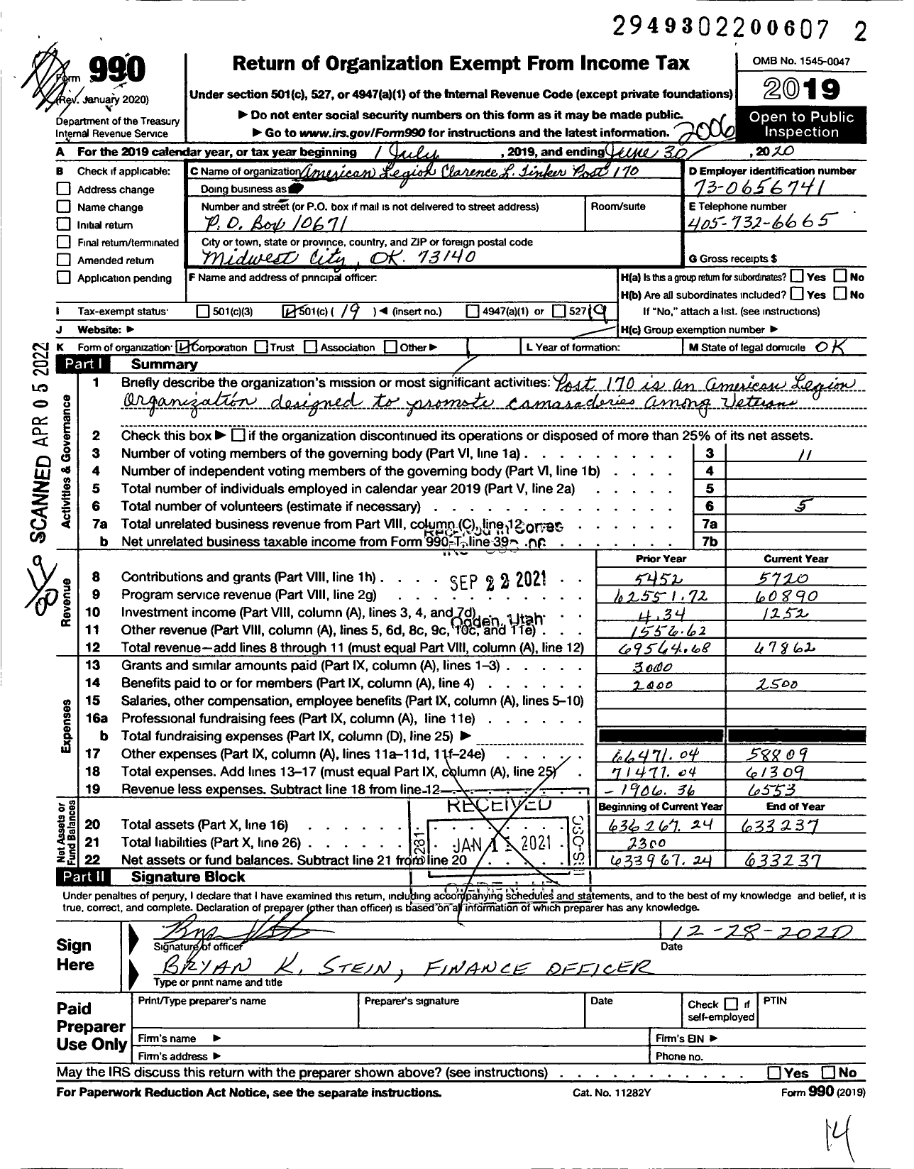 Image of first page of 2019 Form 990O for American Legion Post 170 / American Legion Clarence L Tinker Post 170