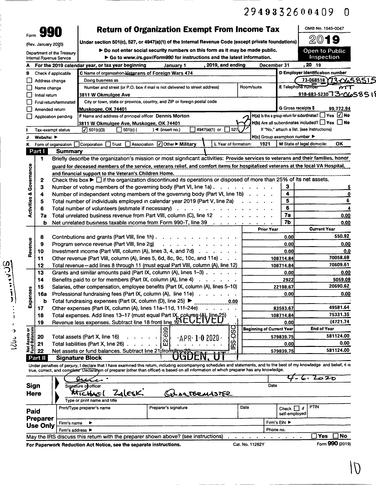 Image of first page of 2019 Form 990 for Veterans of Foreign Wars of the United States Dept of Oklahoma - Yank Tipton VFW Post 474