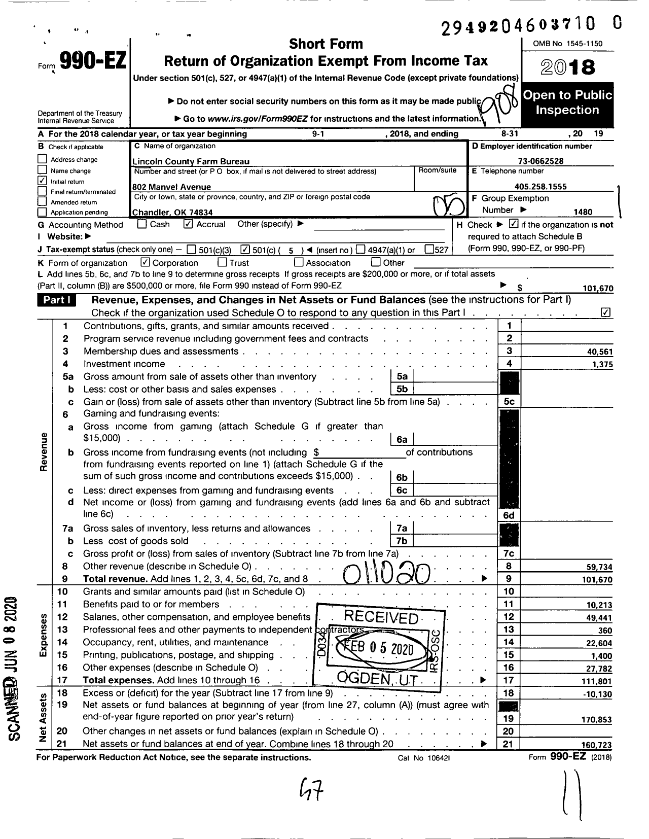 Image of first page of 2018 Form 990EO for Oklahoma Farm Bureau - Lincoln County