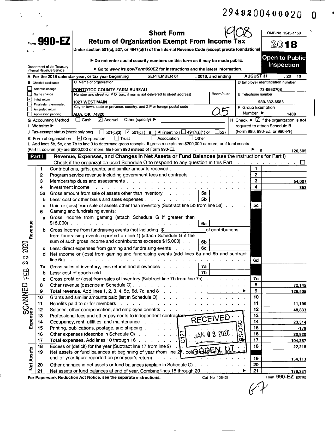 Image of first page of 2018 Form 990EO for Oklahoma Farm Bureau - Pontotoc County