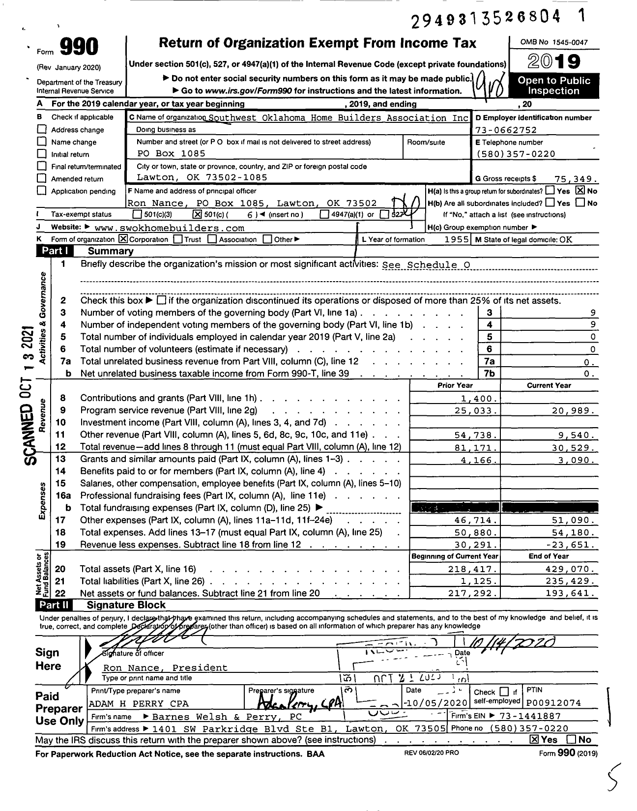 Image of first page of 2019 Form 990O for Southwest Oklahoma Home Builders Association