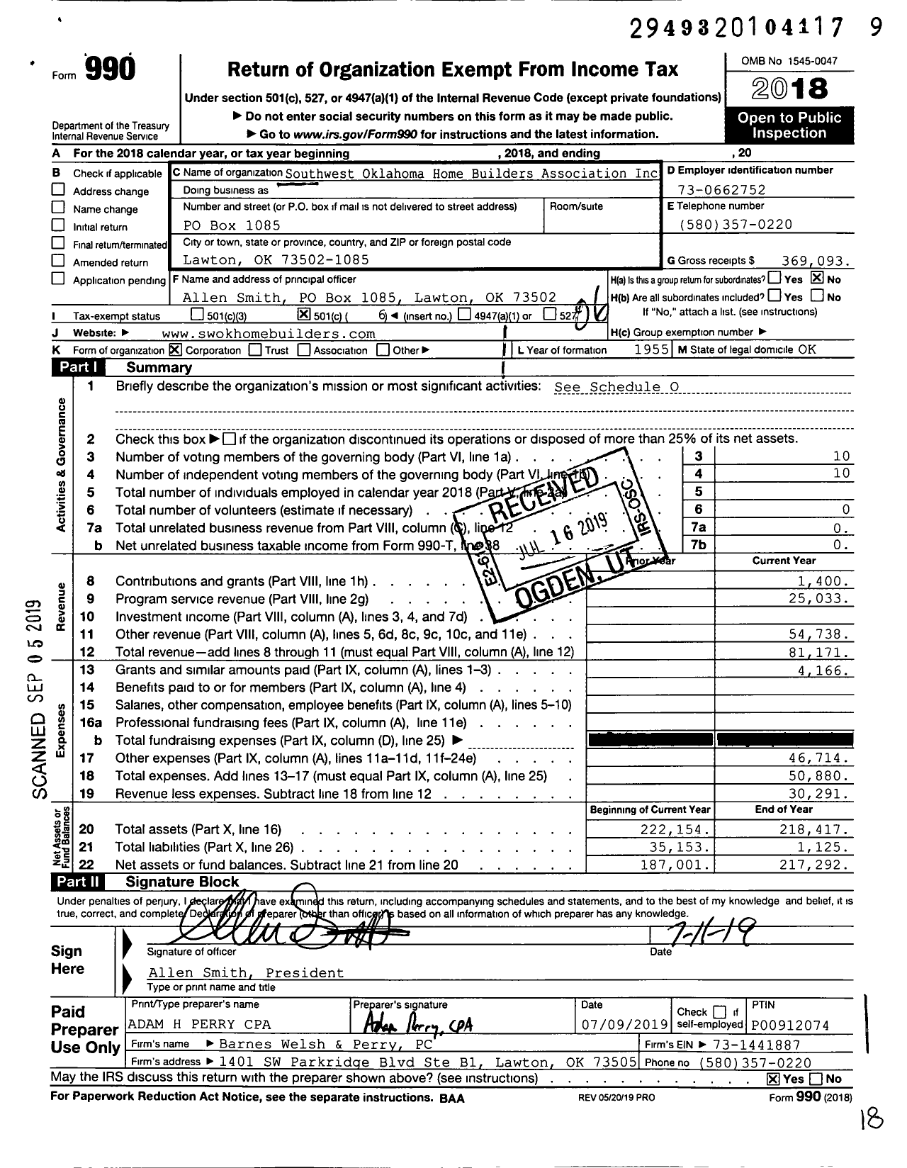 Image of first page of 2018 Form 990O for Southwest Oklahoma Home Builders Association