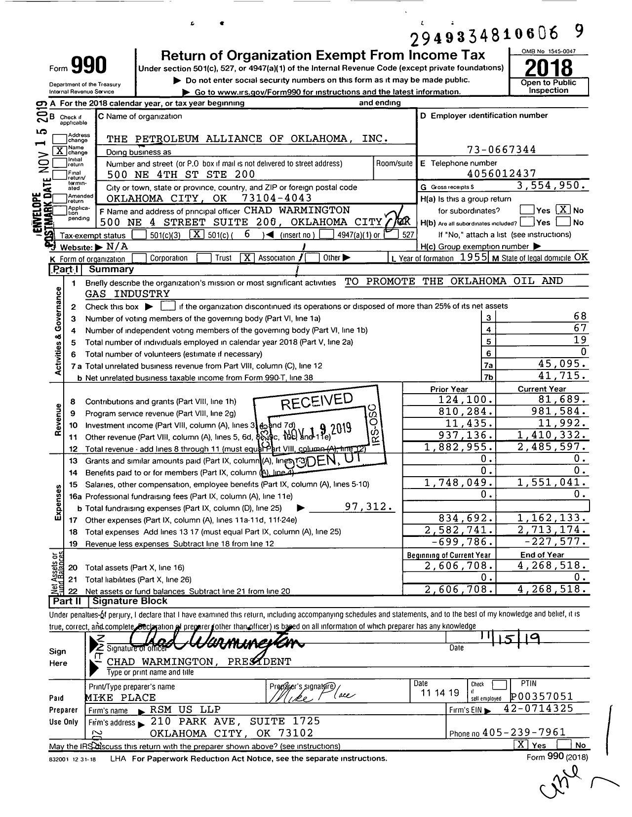 Image of first page of 2018 Form 990O for Petroleum Alliance of Oklahoma