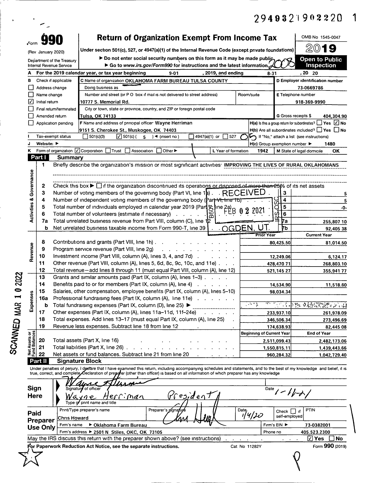 Image of first page of 2019 Form 990O for Oklahoma Farm Bureau - Tulsa County