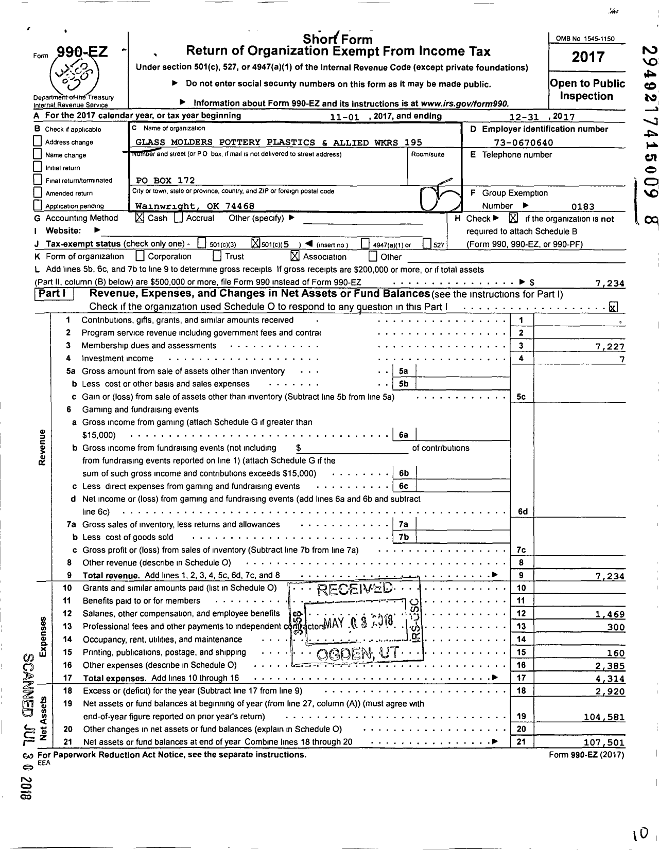 Image of first page of 2017 Form 990EO for United Steelworkers - 195 M Local