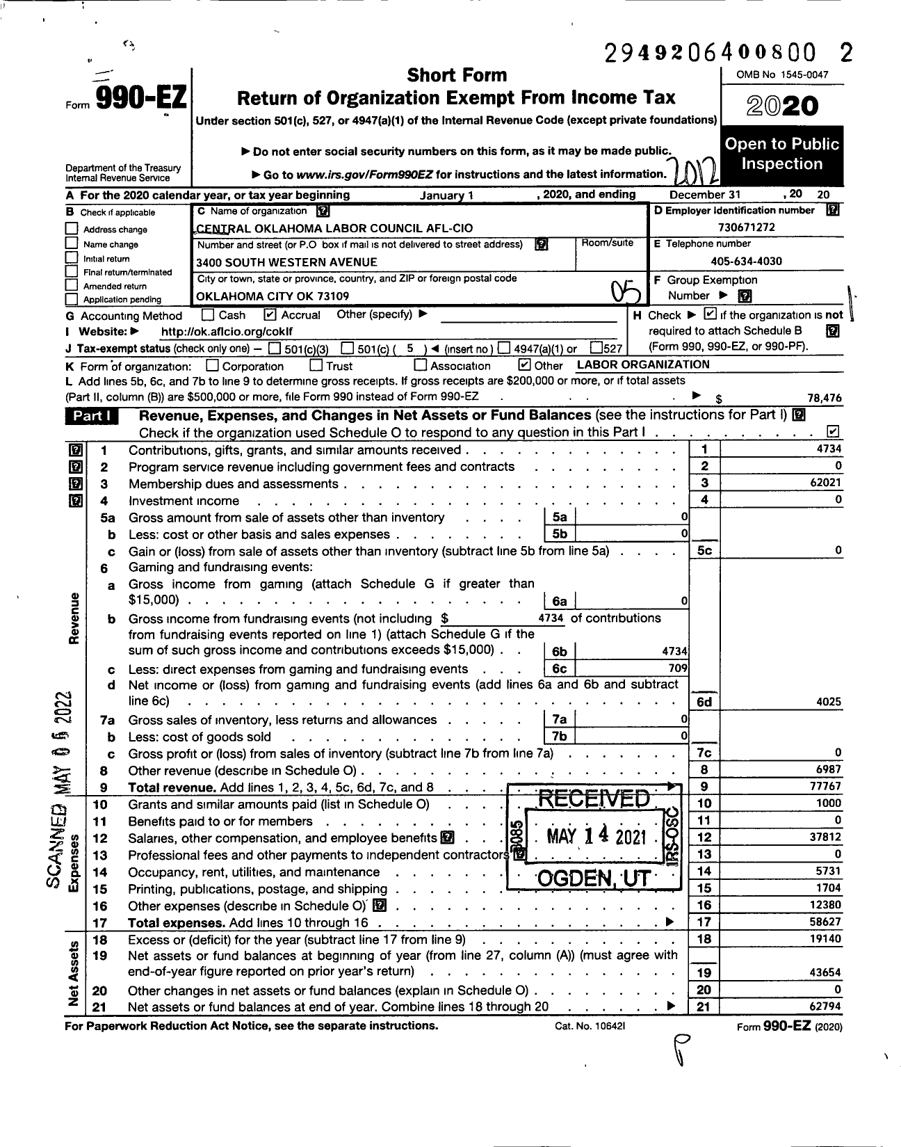 Image of first page of 2020 Form 990EO for AFL-CIO - Central Oklahoma Labor Council