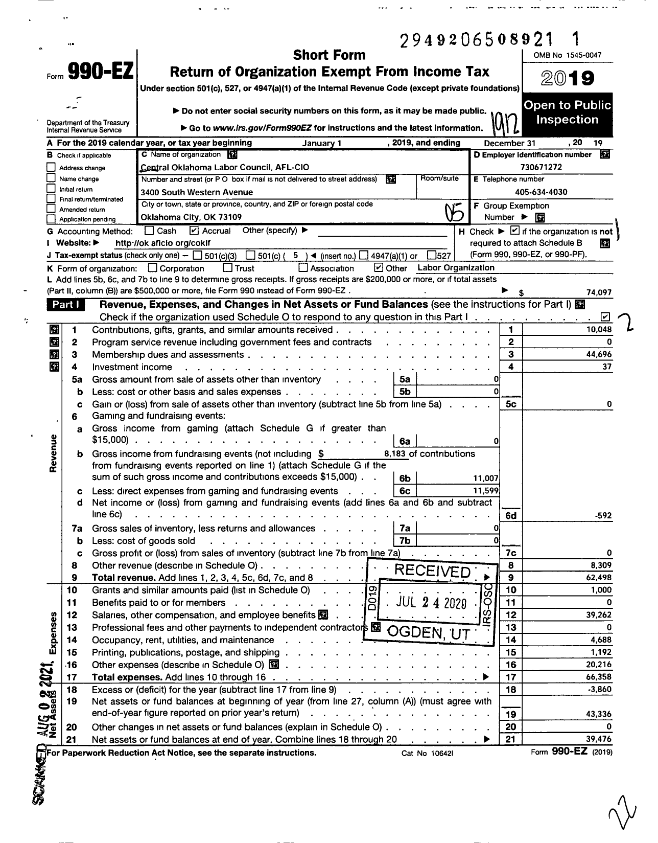 Image of first page of 2019 Form 990EO for AFL-CIO - Central Oklahoma Labor Council