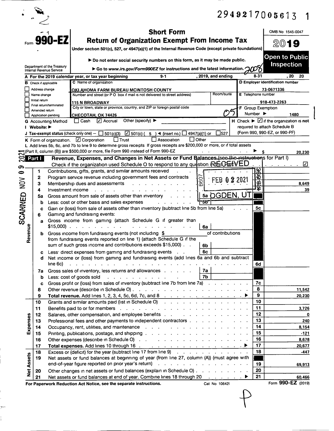 Image of first page of 2019 Form 990EO for Oklahoma Farm Bureau - McIntosh County