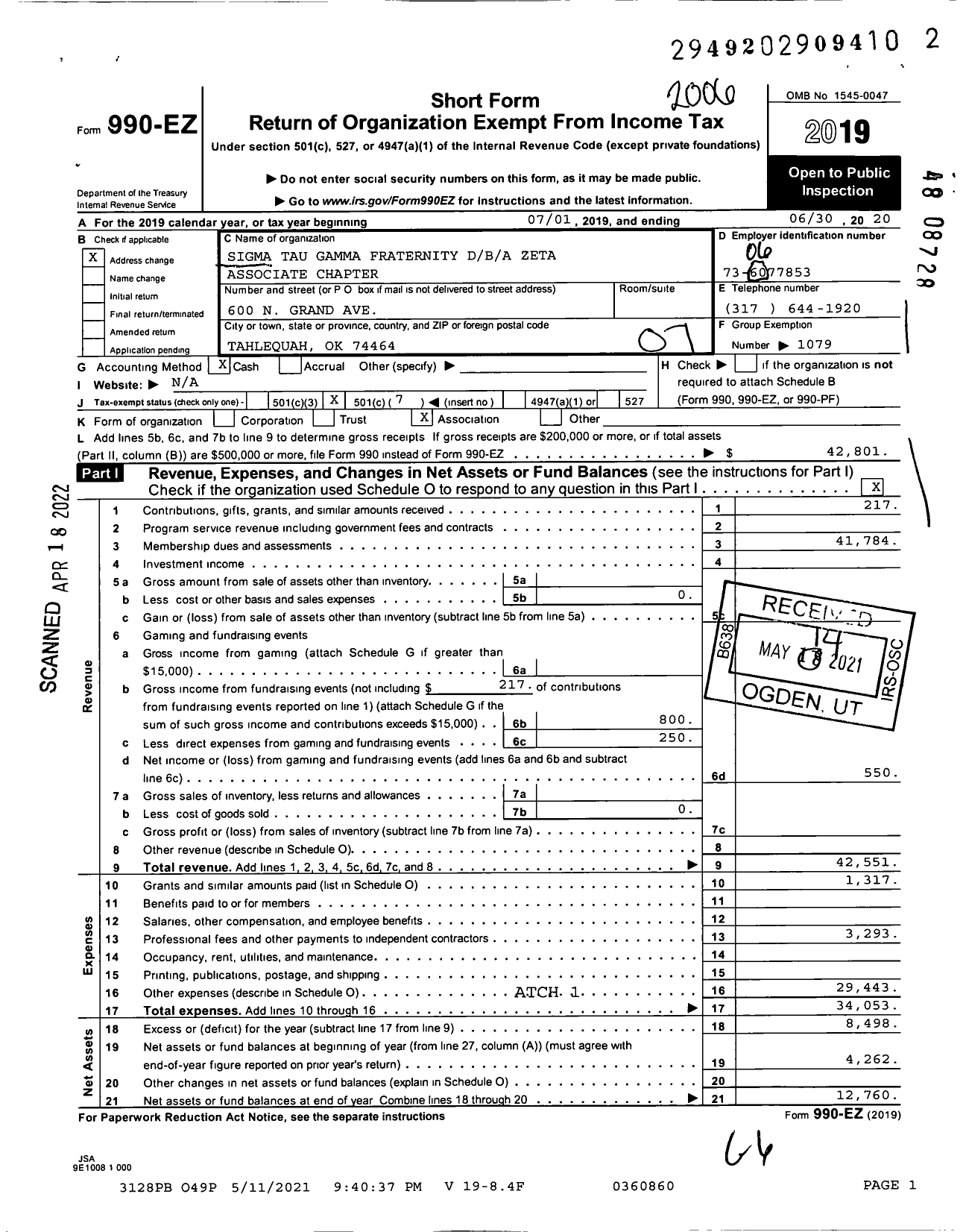 Image of first page of 2019 Form 990EO for Zeta Chapter