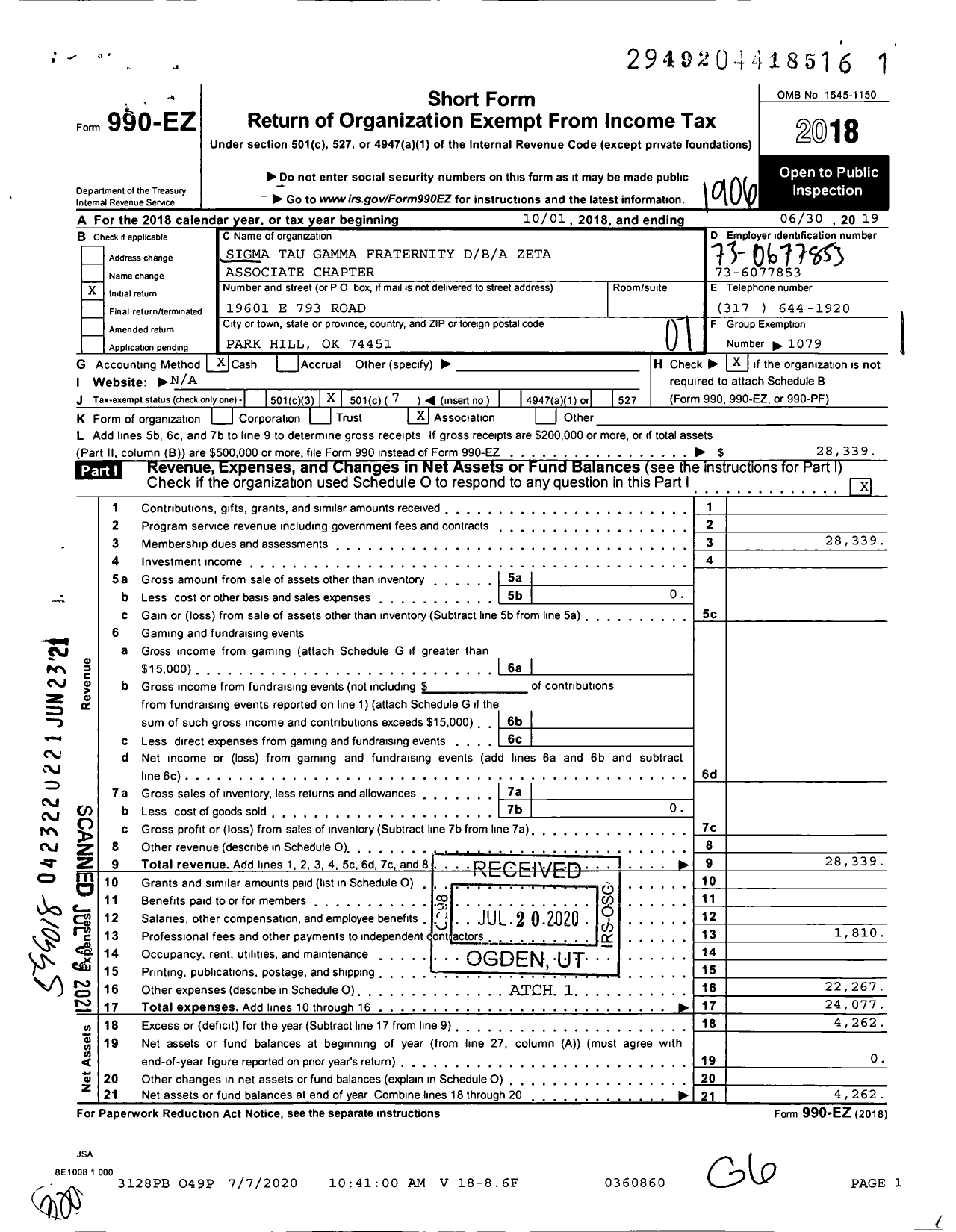 Image of first page of 2018 Form 990EO for Zeta Chapter