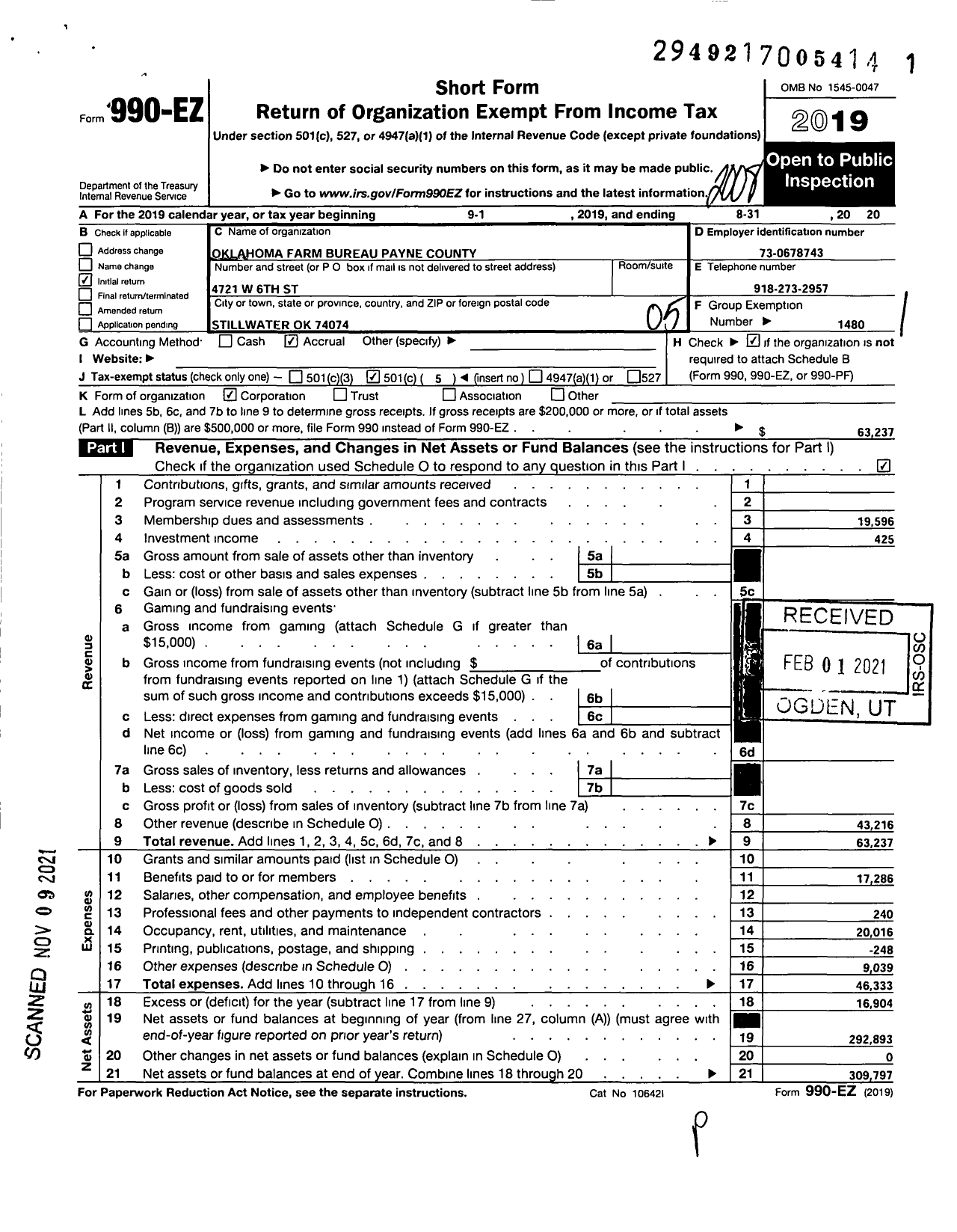 Image of first page of 2019 Form 990EO for Oklahoma Farm Bureau - Payne County