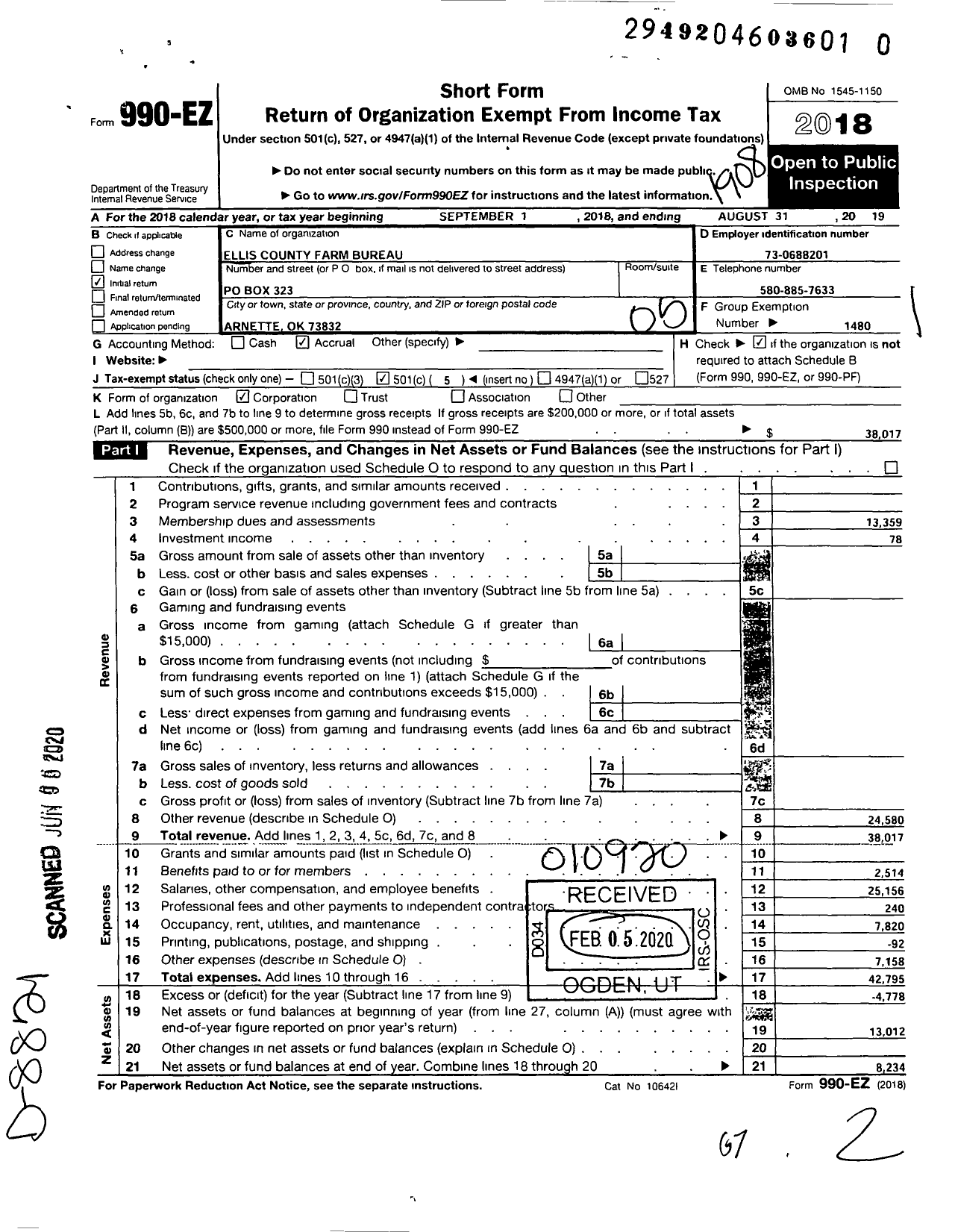 Image of first page of 2018 Form 990EO for Oklahoma Farm Bureau - Ellis County