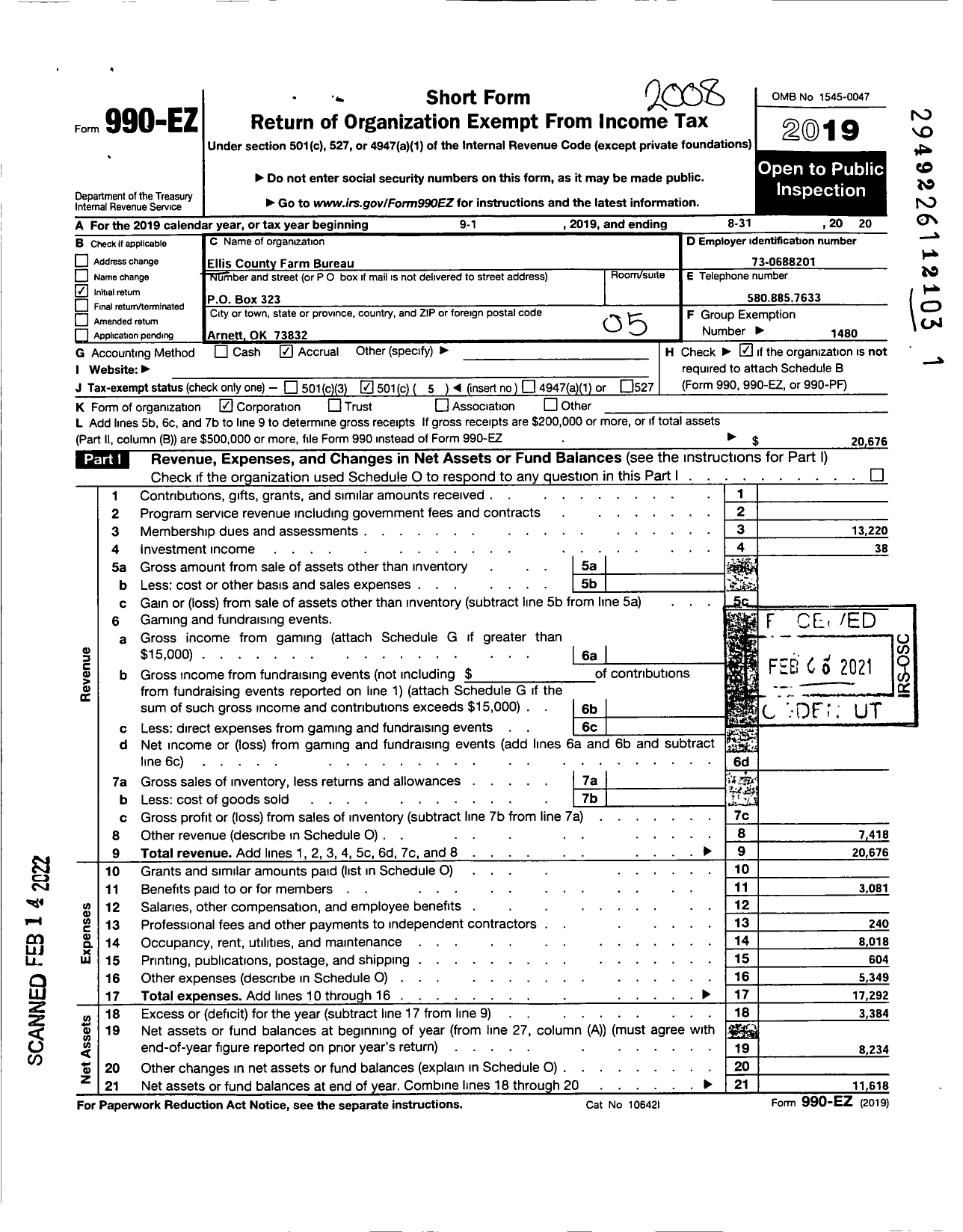 Image of first page of 2019 Form 990EO for Oklahoma Farm Bureau - Ellis County