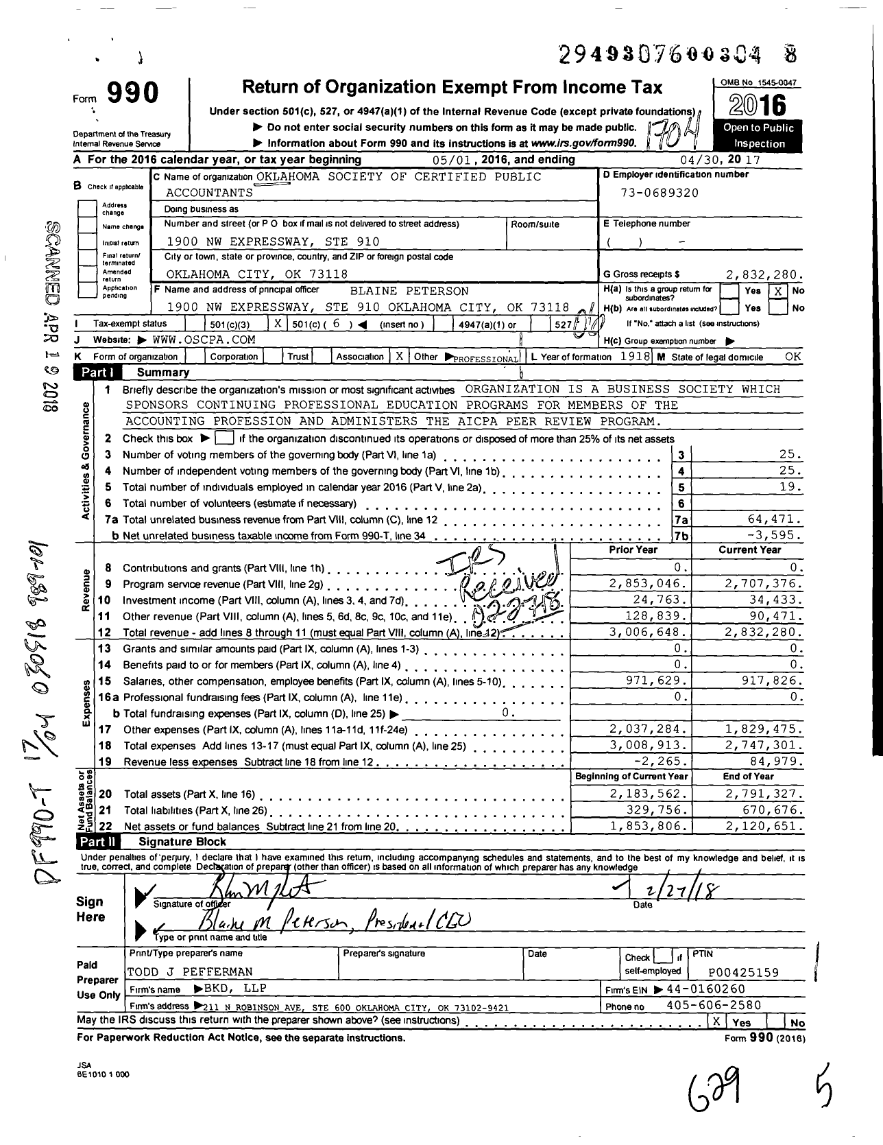 Image of first page of 2016 Form 990O for Oklahoma Society of Certified Public Accountants
